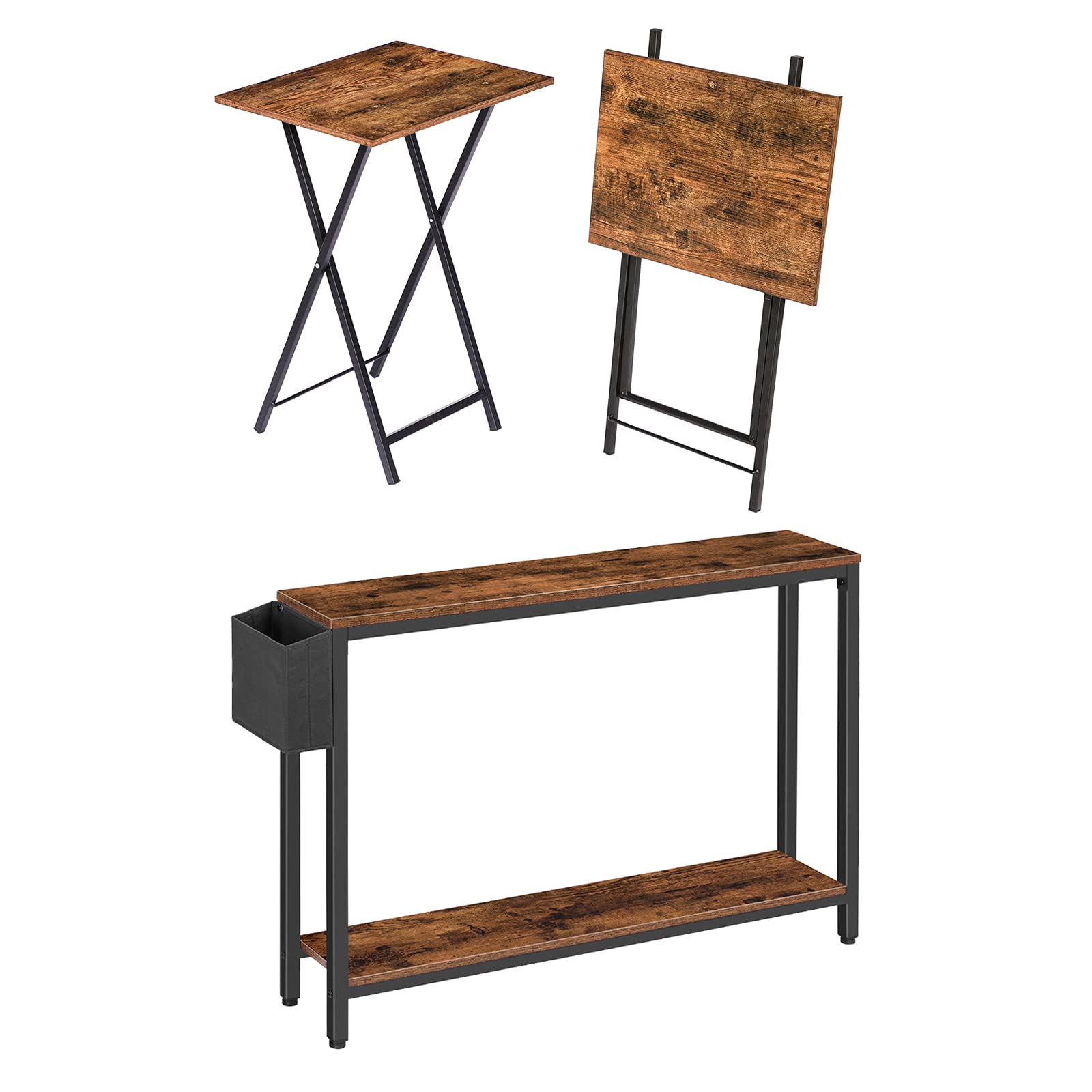 HOOBRO 2-Piece TV Tray and Sofa Table Set - Space Saving Narrow End Tables with Storage Shelf & Magazine Pocket - Rustic Brown Living Room Furniture for Small Spaces - Perfect for Apartments, Dorms & Home Theater Snack Setup