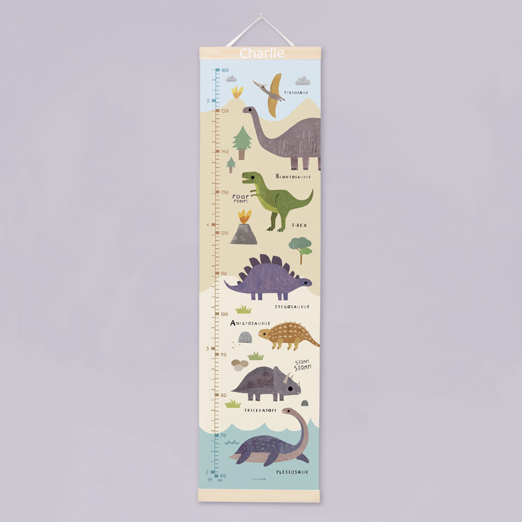 Personalized Dinosaur-Themed Canvas Height Chart with Wooden Hangers - Perfect for Kids' Room Decor & Growth Tracking