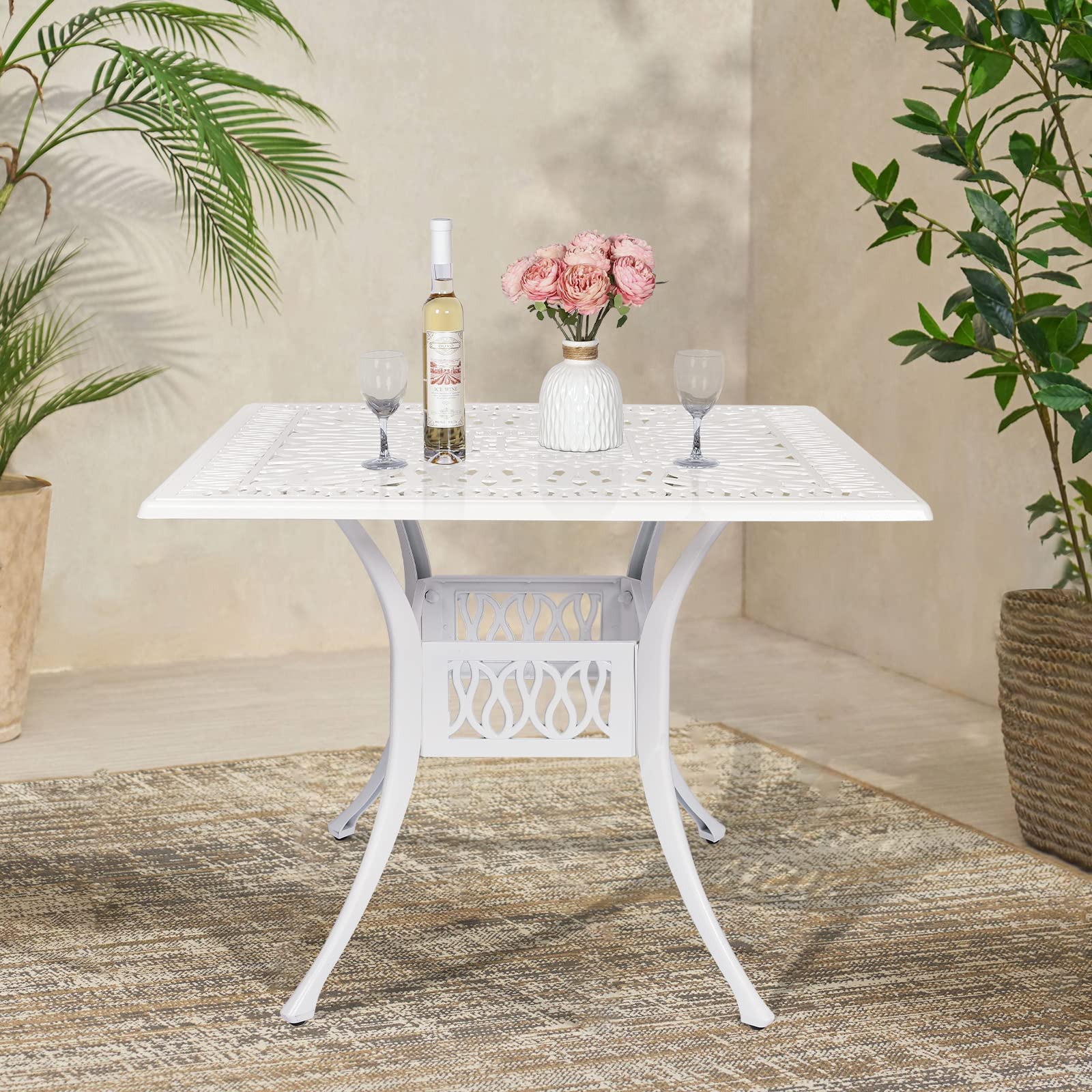 VIVIJASON 35.4 Inch Square Outdoor Patio Dining Table - White Rustic Cast Aluminum Furniture with Umbrella Hole - Perfect for Backyard, Garden, Poolside & Outdoor Entertaining