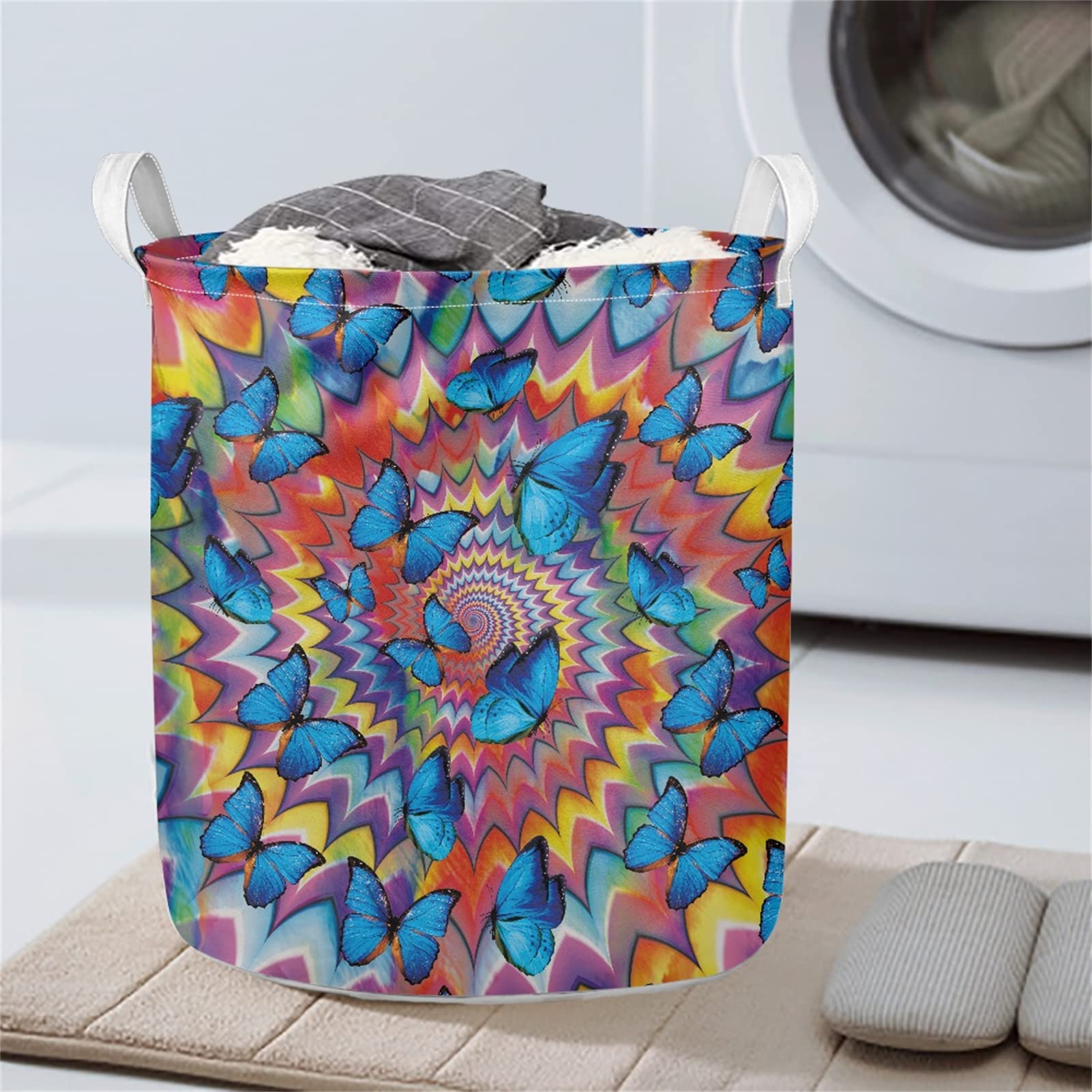 Butterfly Blue Laundry Basket with Handles - Foldable Storage Hamper for Clothes, Toys, Pillows & Blankets - Decorative Woven Basket for Living Room, Bedroom, Nursery - 18.5x16.1 Inch - Perfect for Home Organization & Space Saving