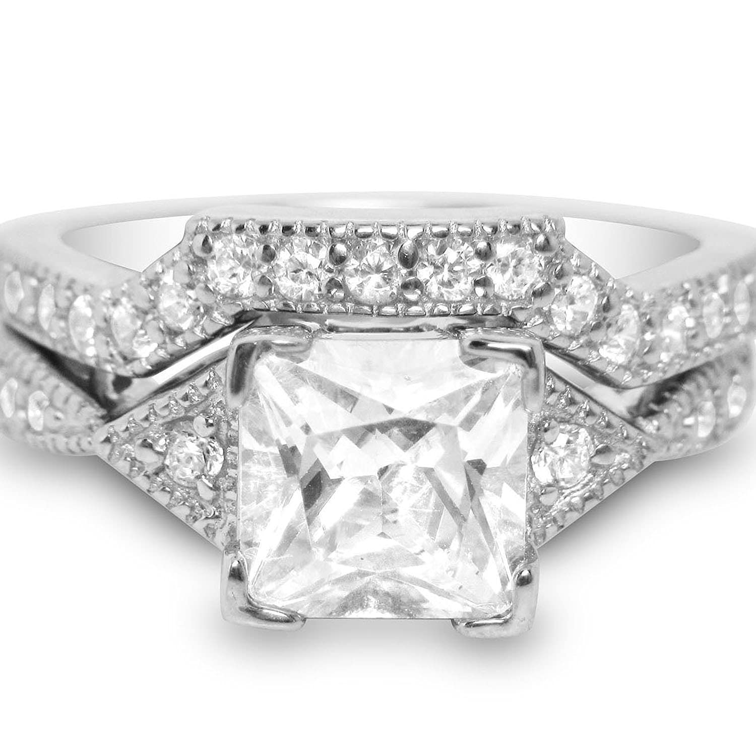 Princess Cut Wedding Ring Set for Couples - His & Her Matching Black Band Engagement Rings - Perfect for Anniversaries, Proposals & Romantic Occasions