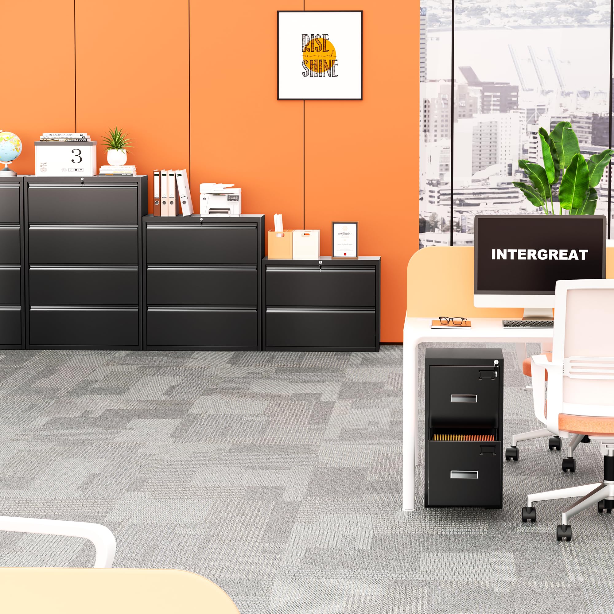 INTERGREAT 4-Drawer Metal Lateral File Cabinet - Locking Horizontal Filing Cabinet for Home Office, Letter/Legal/F4/A4 Hanging Files, Black (28