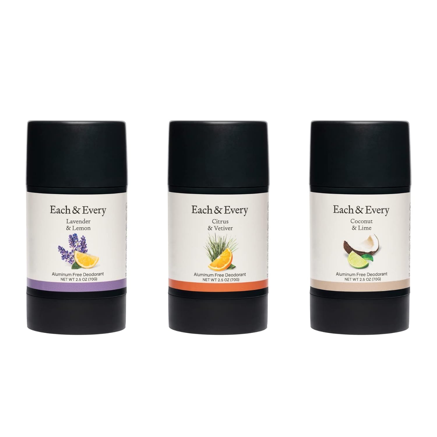 Each & Every All Natural Deodorant for Women & Men - Aluminum Free, Vegan & Cruelty-Free - Best Sellers Multipack with Lavender Lemon, Citrus Vetiver & Coconut Lime Scents - Travel Size Deodorant (3 Pack, 2.5 Oz Each) - Perfect for Gym, Work & Everyday Freshness