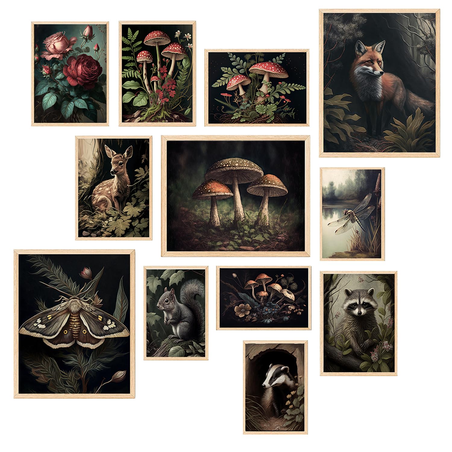 Vintage Cottagecore Wall Art Prints - Dark Aesthetic Botanical & Mushroom Posters for Bedroom Decor, Nature-Inspired Animal Pictures, UNFRAMED - Perfect for Boho Room, Dorm, Living Room & Nursery Wall Decor