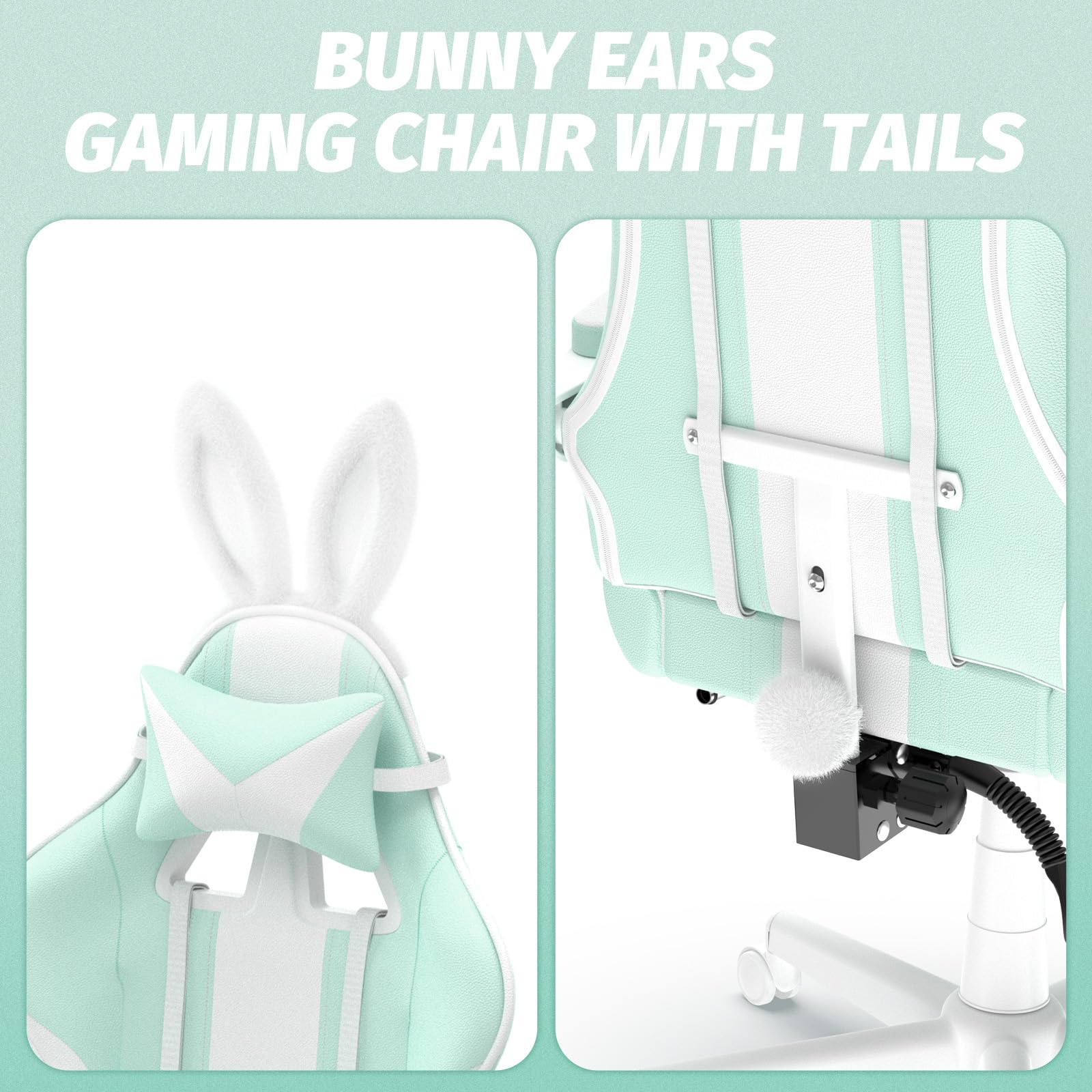Kawaii Light Green Gaming Chair with Bunny Ears - Ergonomic Cute Gamer Chair with Footrest & Massage - Racing Reclining Leather Computer Game Chair for Girls, Adults, Teens & Kids - Perfect for Gaming, Streaming, Office Work & Home Decor