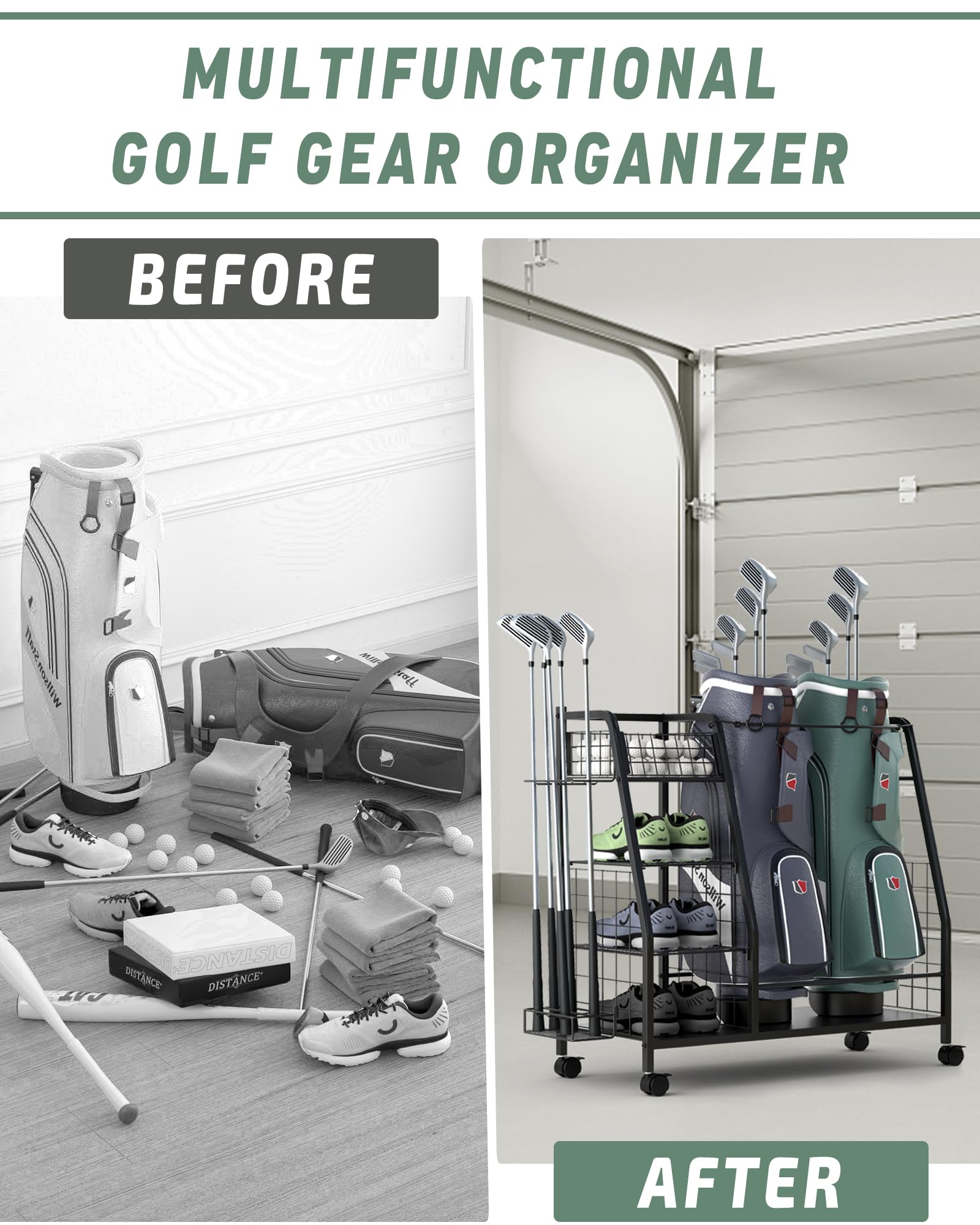 **3-Slot Golf Bag Storage Rack with Lockable Wheels - Heavy Duty Golf Equipment Organizer for Garage & Home - Golf Clubs & Accessories Holder - Perfect for Golf Enthusiasts & Club Storage**