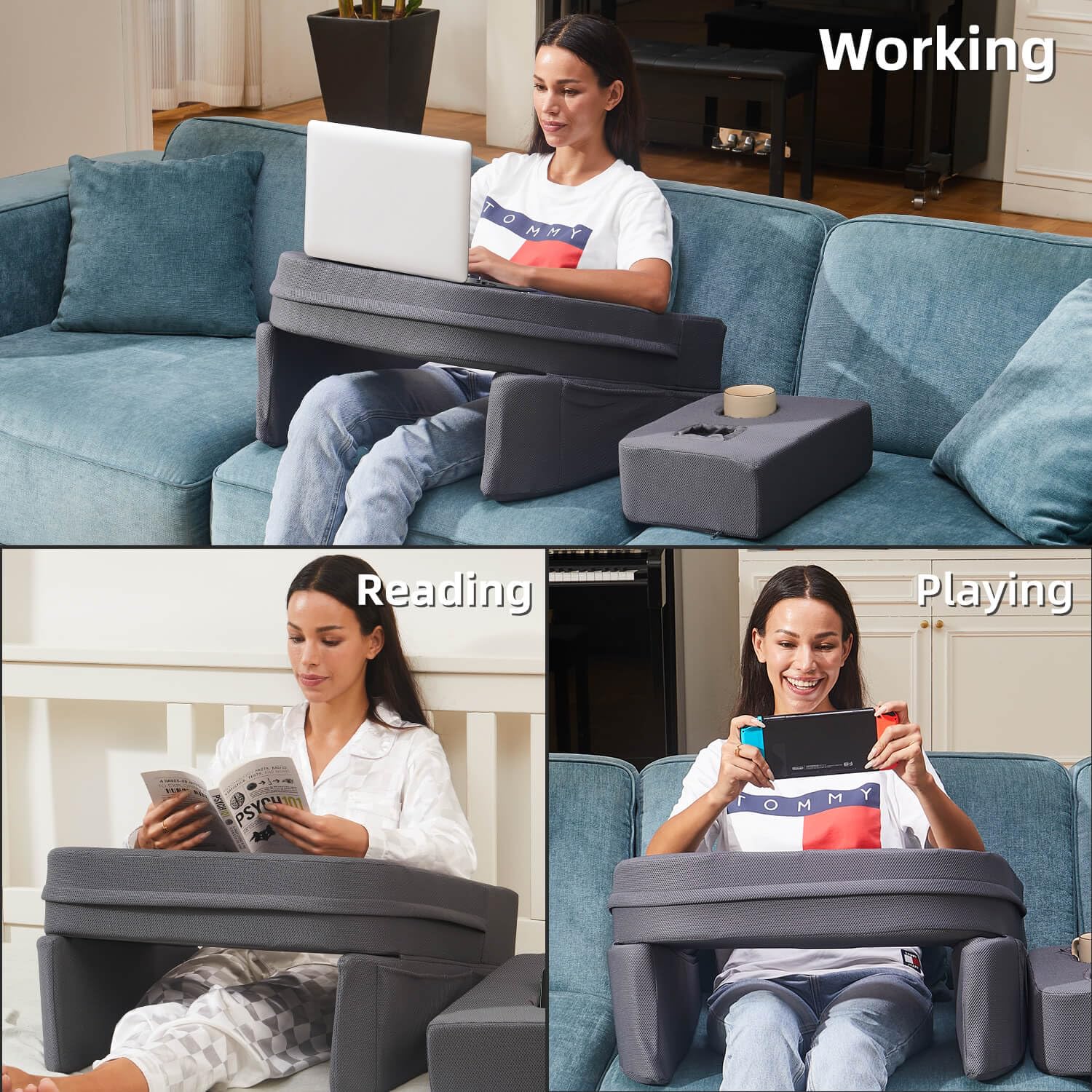 Memory Foam Lap Desk with Cup Holder - Portable Laptop Pillow for Couch, Bed & Gaming - Soft Writing Surface with Phone Stand (Grey) - Perfect for Home Office, Study & Relaxing in Bed