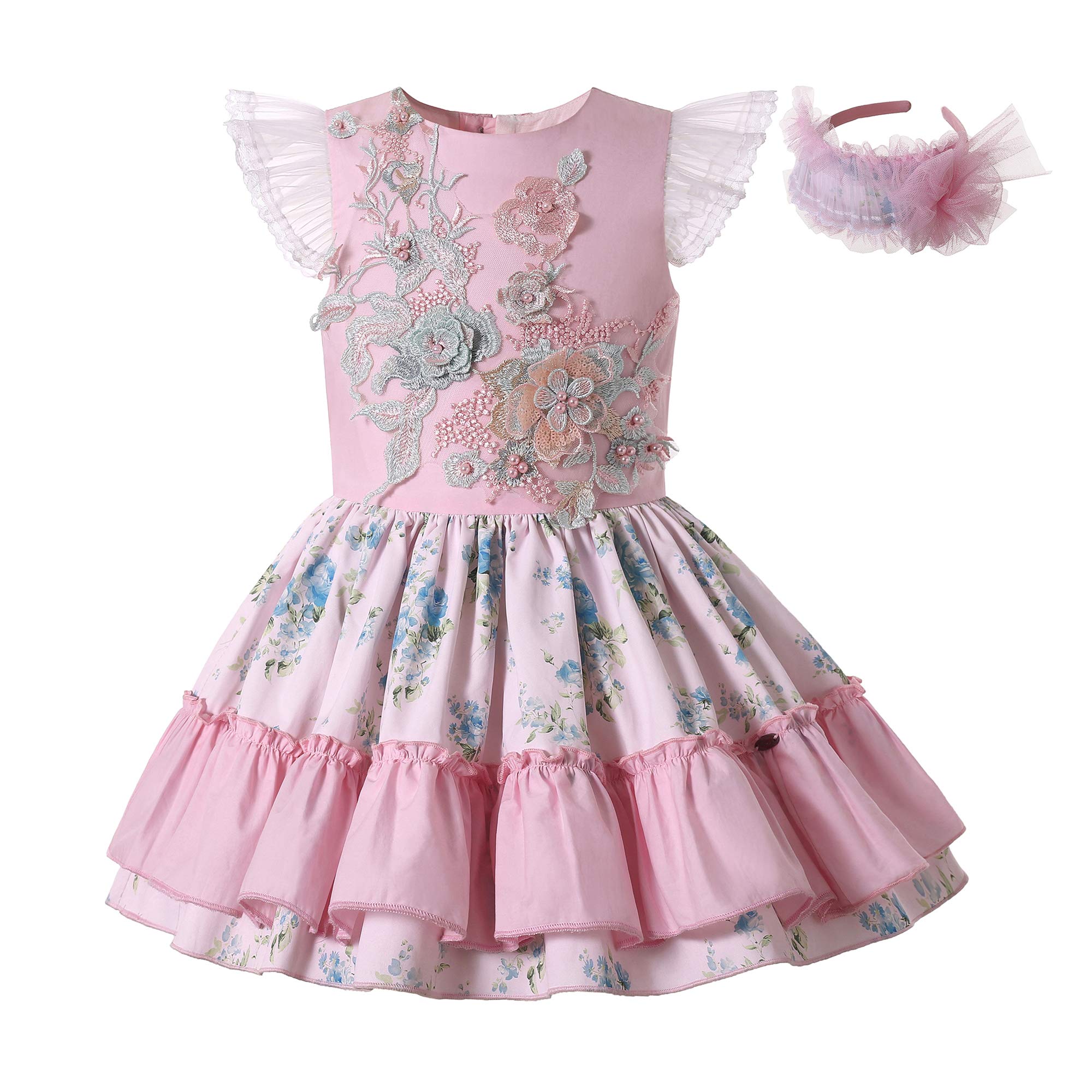 Pettigirl Girls Summer Pink Floral Sundress - Cute Ruffle Tutu Dress with Headpiece for Kids | Trendy Casual Outfit for Beach, Party & Playtime