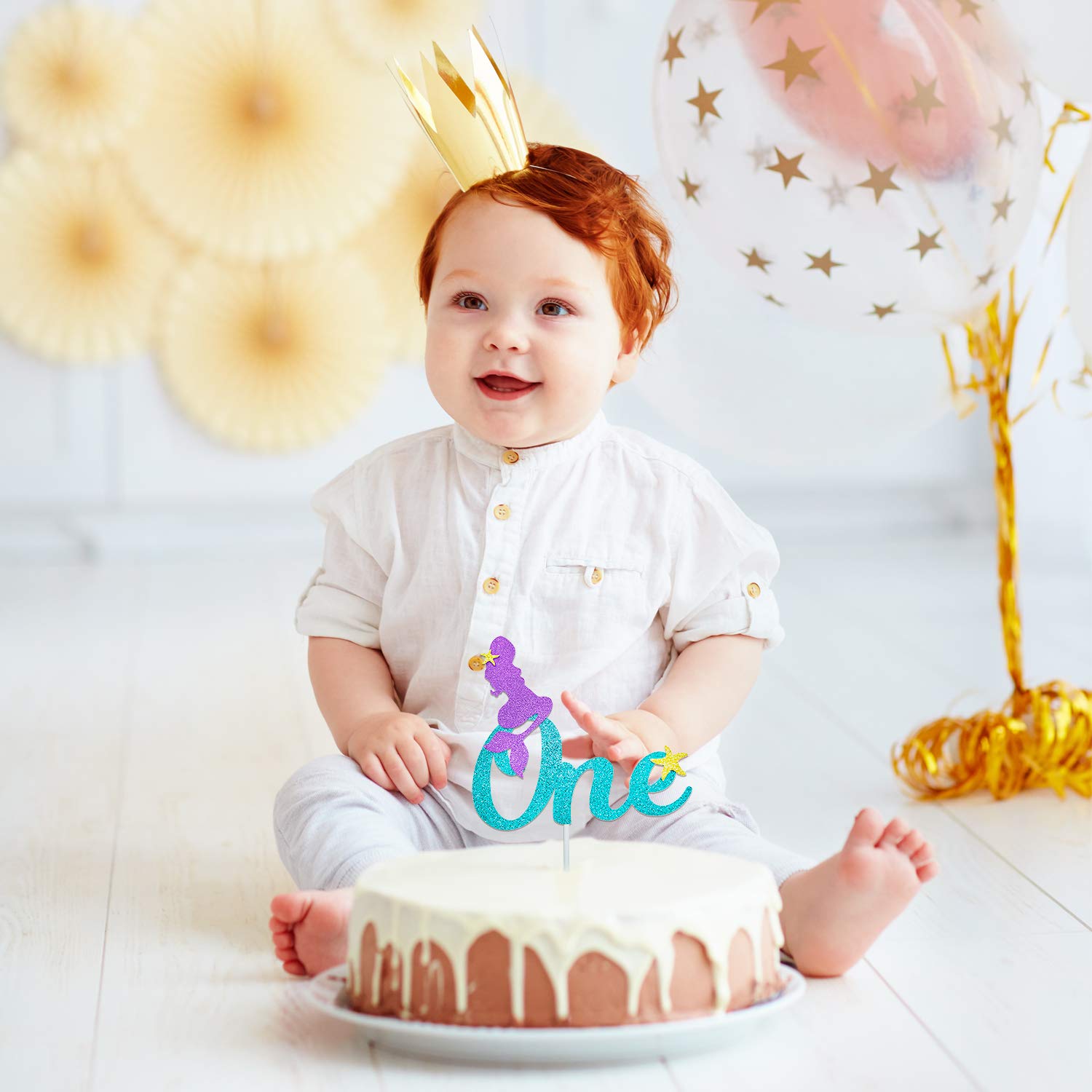 Blue Sea Gold Glitter Mermaid Cake Topper - Under The Ocean Theme Birthday Party Decor for 1st Birthday, Baby Shower & Wedding - Perfect for Cake Decorations, Dessert Table Displays & Underwater Party Photo Props