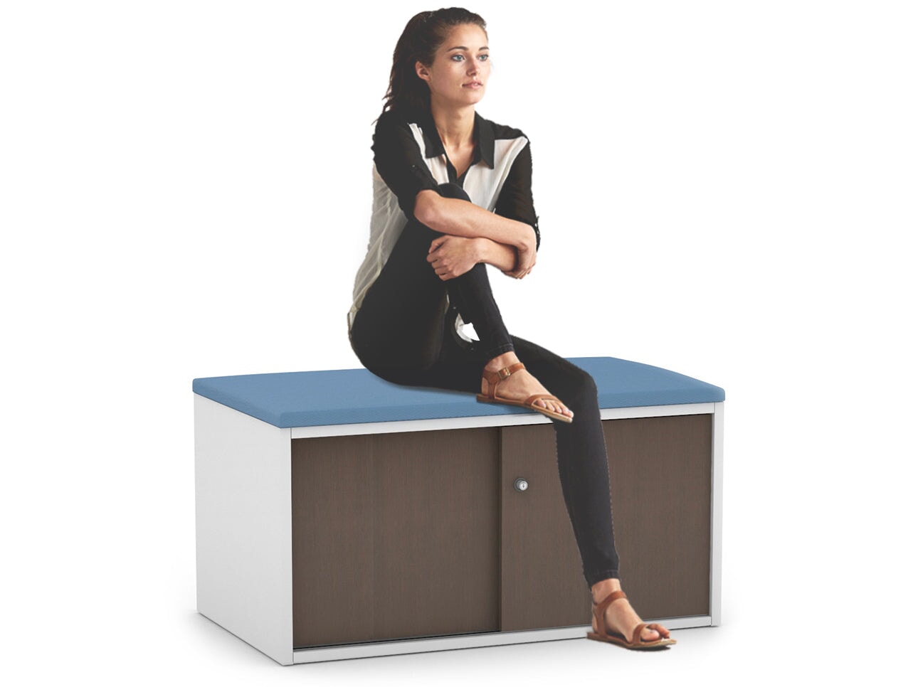 Low Profile 2-Door Sliding Credenza with Top Cushion - Modern TV Stand for Living Room, Bedroom Storage Cabinet with Smooth Gliding Doors