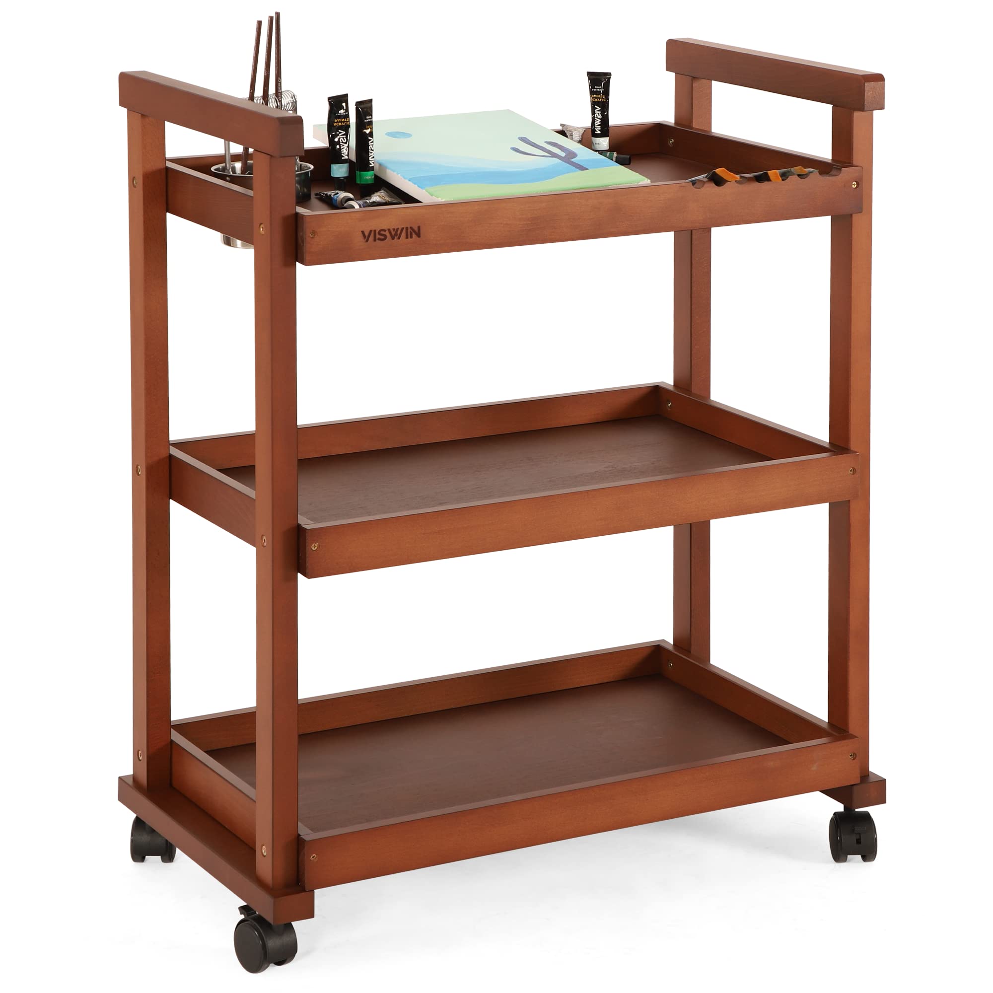 VISWIN 3-Tier Rolling Art Cart Organizer - Solid Beechwood Utility Taboret with Casters, Multifunctional Mobile Storage Trolley for Art Supplies, Classroom & Studio Organization (Walnut Finish) - Perfect for Artists, Teachers & Craft Rooms