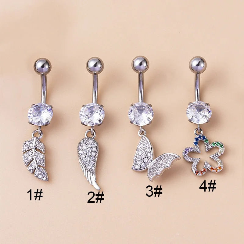 14G Hypoallergenic Flower Feather Belly Button Ring - Surgical Steel Navel Piercing Jewelry for Women | Perfect for Summer Beach, Pool Parties & Boho Fashion