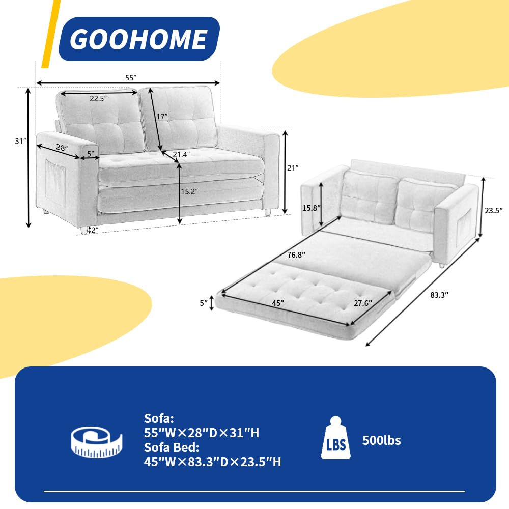 Goohome 2-in-1 Pull Out Sofa Bed with USB Charging Port & Power Outlet, Velvet Convertible Sleeper Loveseat with Foam Mattress for Small Spaces - Perfect for Living Rooms, Guest Rooms & Studio Apartments