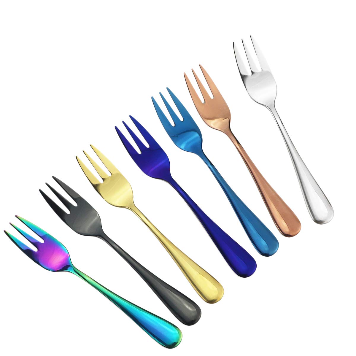 Rainbow Cake Forks Set of 6 - 5.5 Inch Stainless Steel Small Appetizer Forks - Mirror Polished Dessert Forks for Cake, Fruit, Pie, Pastry - Elegant Flatware for Parties, Weddings & Tea Time