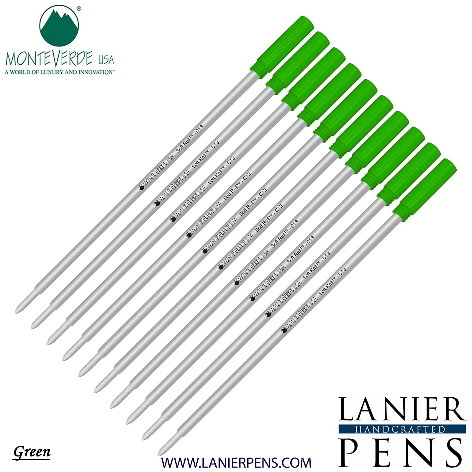 Monteverde Soft Roll Ballpoint Ink Refills - 10 Pack Green (Medium Tip 0.7mm) - Compatible with Cross Style Pens - Smooth Writing for Office, School & Daily Use