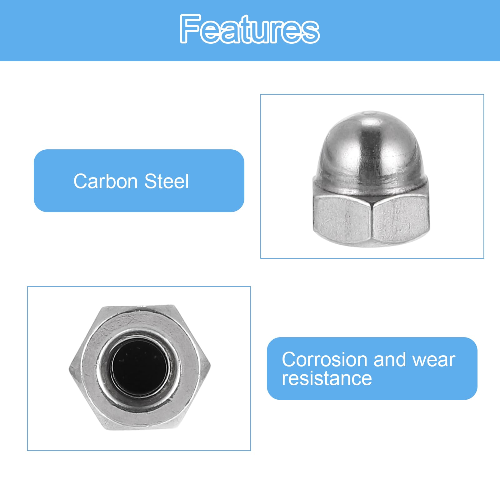 #10-24 Acorn Cap Nuts, 10Pcs Carbon Steel Dome Head Nuts with Nickel Plating - Bolt Cover Hardware for Furniture, Automotive & DIY Projects - Silvery Finish