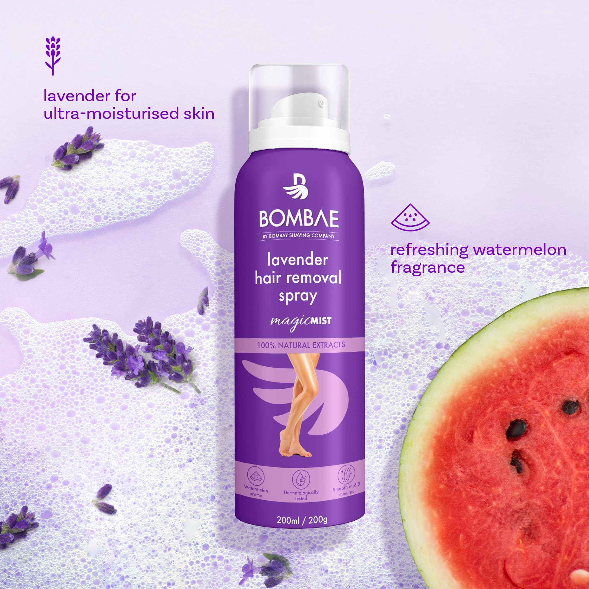 Bombae Lavender Hair Removal Spray Cream for Women - Painless Hair Removal for Arms, Underarms, Legs & Bikini Line | Sensitive Skin Safe & Dermatologist Tested | Quick & Easy At-Home Hair Removal Solution | Perfect for Smooth Skin Before Beach, Date Night or Special Occasions