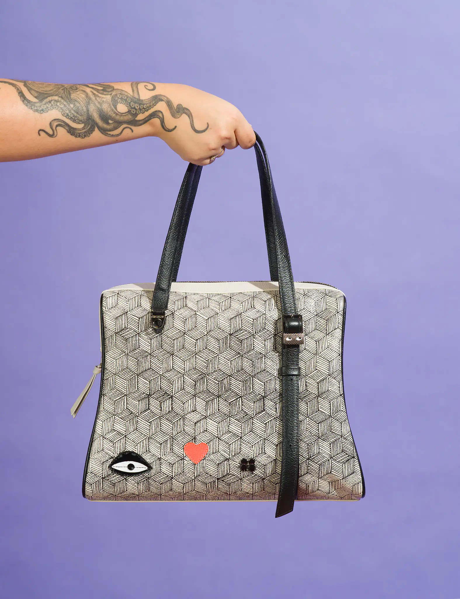 Esther Cream and Black Satchel Handbag with Cubes Design - Stylish Crossbody Purse for Women, Perfect for Work, Travel and Everyday Use