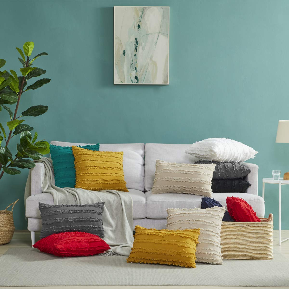 GIGIZAZA 16x16 Decorative Throw Pillow Covers - Peacock Blue Square Couch Pillows, Cotton Boho Sofa Cushion Covers for Living Room, Bedroom & Outdoor Decor