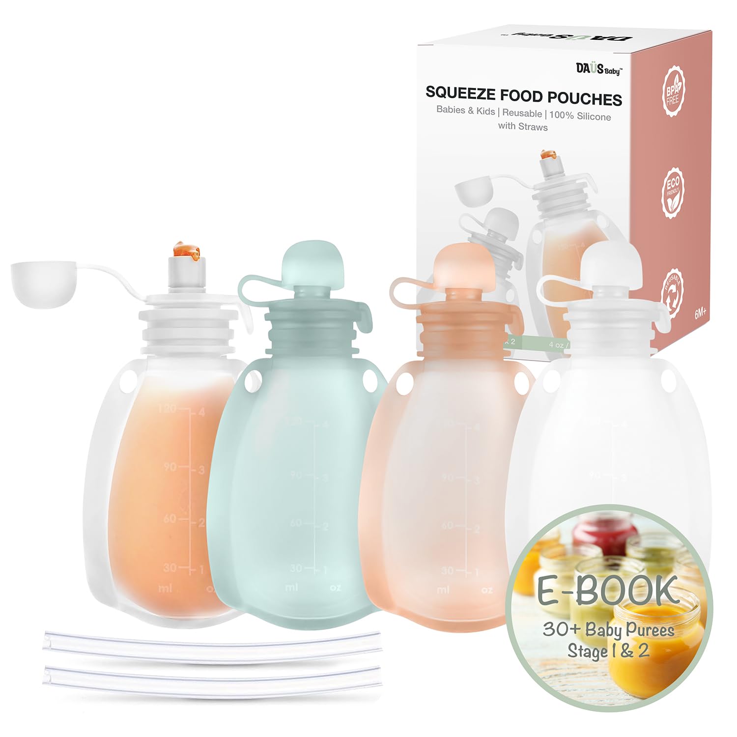 Reusable Silicone Baby Food Pouches with Straws - 4 Pack + 2 Straws | Leakproof Squeeze Pouches for Kids | Dishwasher, Microwave & Freezer Safe | 130ml (4oz) Capacity | Includes Free E-Book with Baby Food Recipes | Perfect for On-the-Go Meals, Snacks & Travel