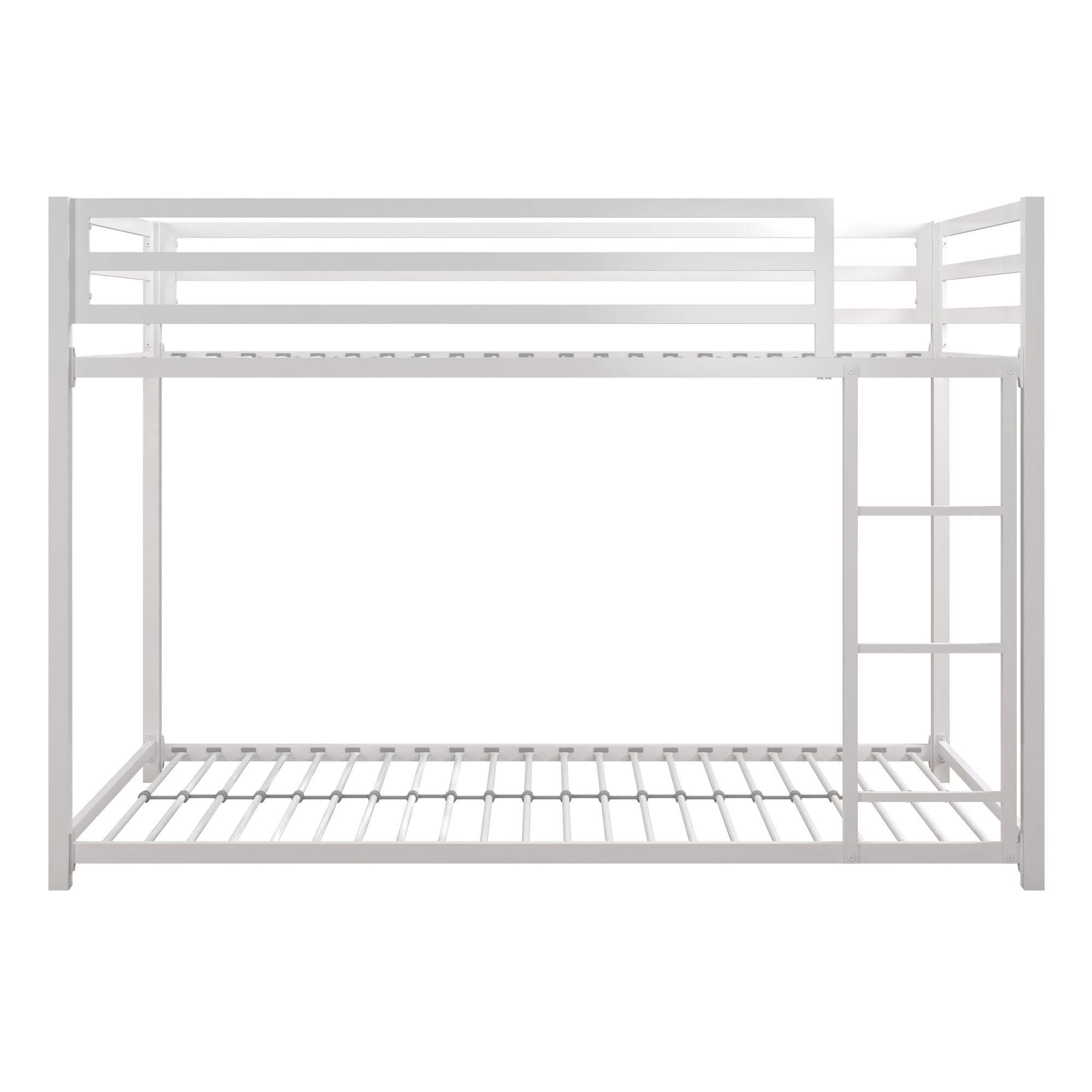 DHP Miles Low Metal Bunk Bed Frame for Kids - Twin Over Twin with Built-in Ladder & High Guardrail - Sturdy Metal Slats Support - No Box Spring Needed - Space Saving Design - Perfect for Small Bedrooms, Kids Rooms, Dorms & Guest Rooms - White