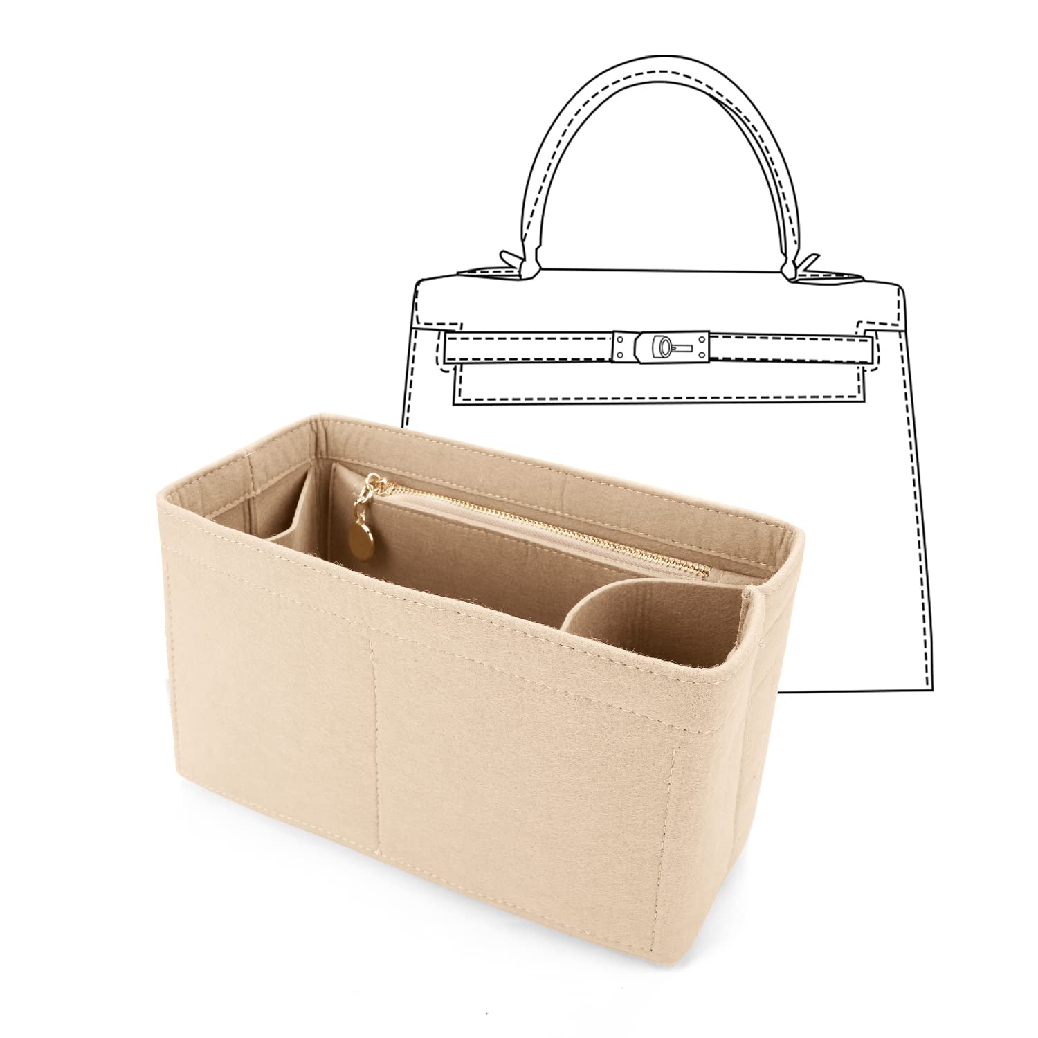 LEXSION Beige Medium Felt Purse Organizer Insert for Handbags - Zippered Bag Organizer with Removable Bottle Holder for Kelly 28 | Perfect for Travel, Work & Everyday Use