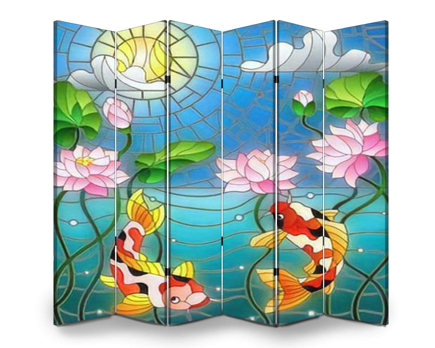 Stained Glass Style Wood Screen Room Divider with Koi Fish & Lotus Flowers - 6-Panel Folding Privacy Partition for Home Decor, Office Space & Meditation Rooms | Dual-Sided Canvas Wall Divider & Display Shelf