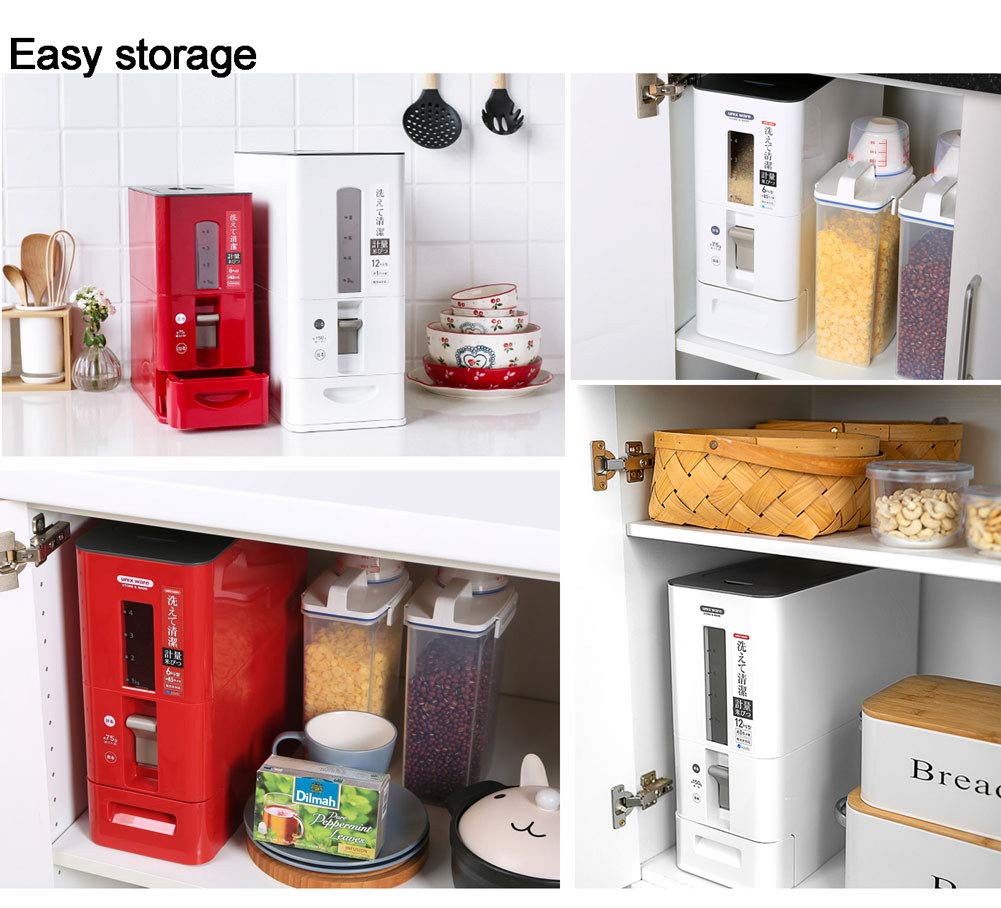 Plastic Rice Dispenser with Airtight Seal - 6kg Food Storage Container for Keeping Rice Dry, Fresh & Insect-Free | Perfect for Kitchen Pantry Organization (Red/White)