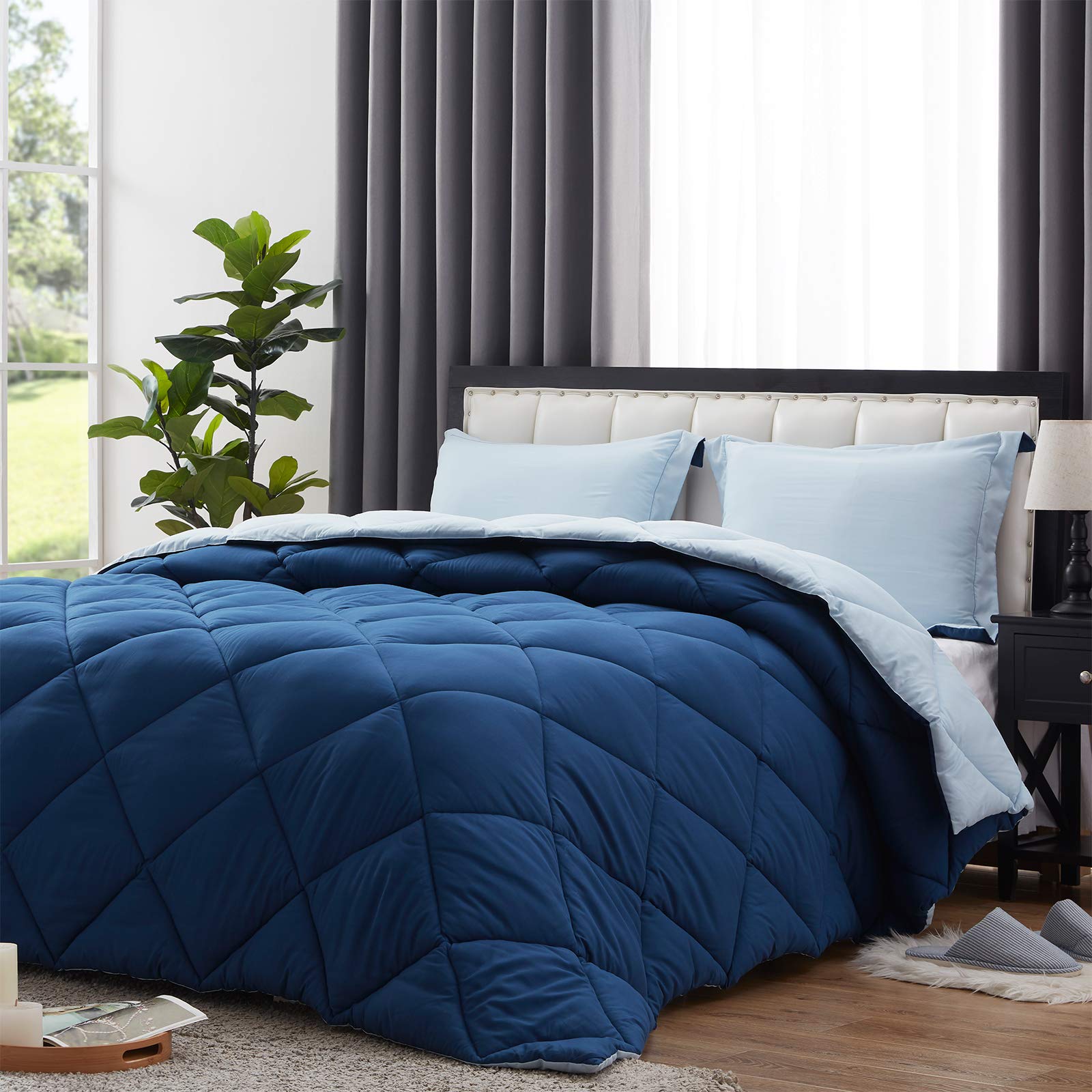 Lightweight King Size Comforter Set - Down Alternative Microfiber Summer Bedding - Reversible Navy Blue/Light Blue - Perfect for Hot Sleepers & Guest Rooms