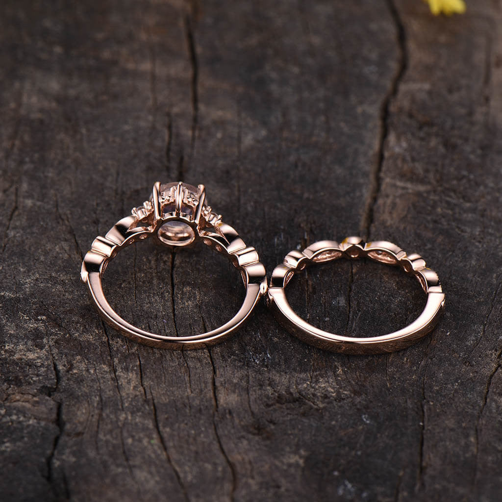 Vintage Art Deco Moonstone Diamond Rose Gold Engagement Ring Set for Women - 2 Piece Promise & Wedding Band - Perfect for Proposals, Anniversaries & Romantic Gifts