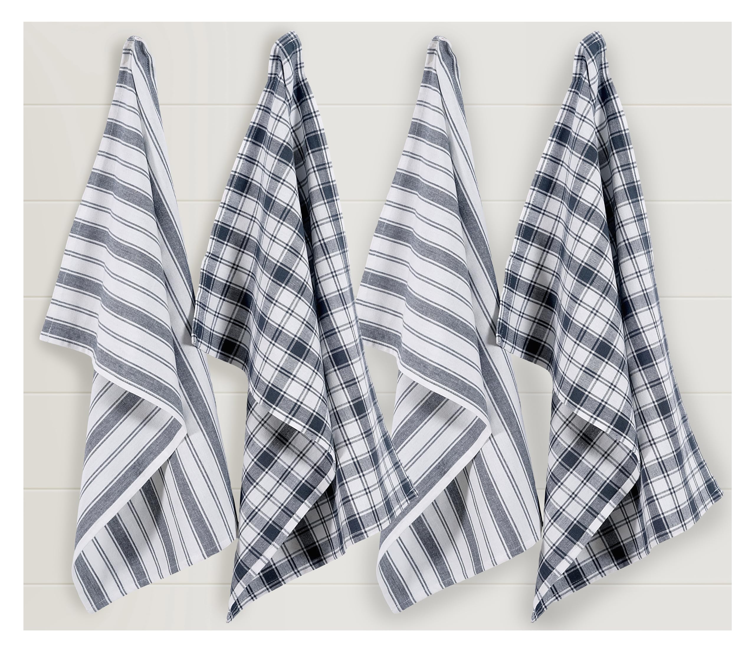 Premium 4-Pack Cotton Kitchen Towels Set - 2 Check & 2 Stripe Dish Towels - 100% Ring Spun Cotton - 18