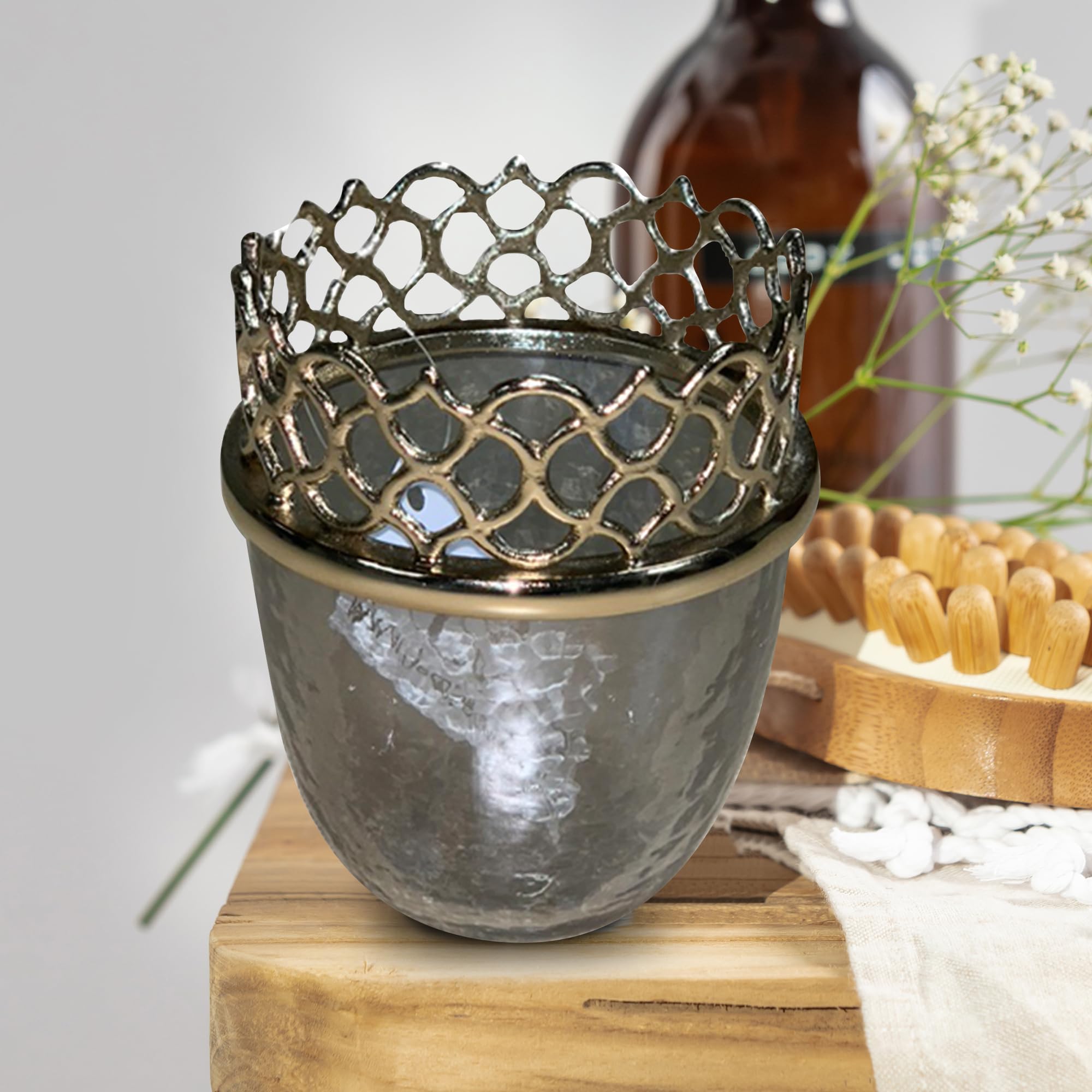 Decozen Brass and Glass Gold Finish Bathroom Tumbler Cup - Elegant Toothbrush Holder & Kitchen Decor for Premium Home Accessories | Arabesque Collection | Perfect for Bathroom Countertop, Vanity Organizer and Luxury Home Decor