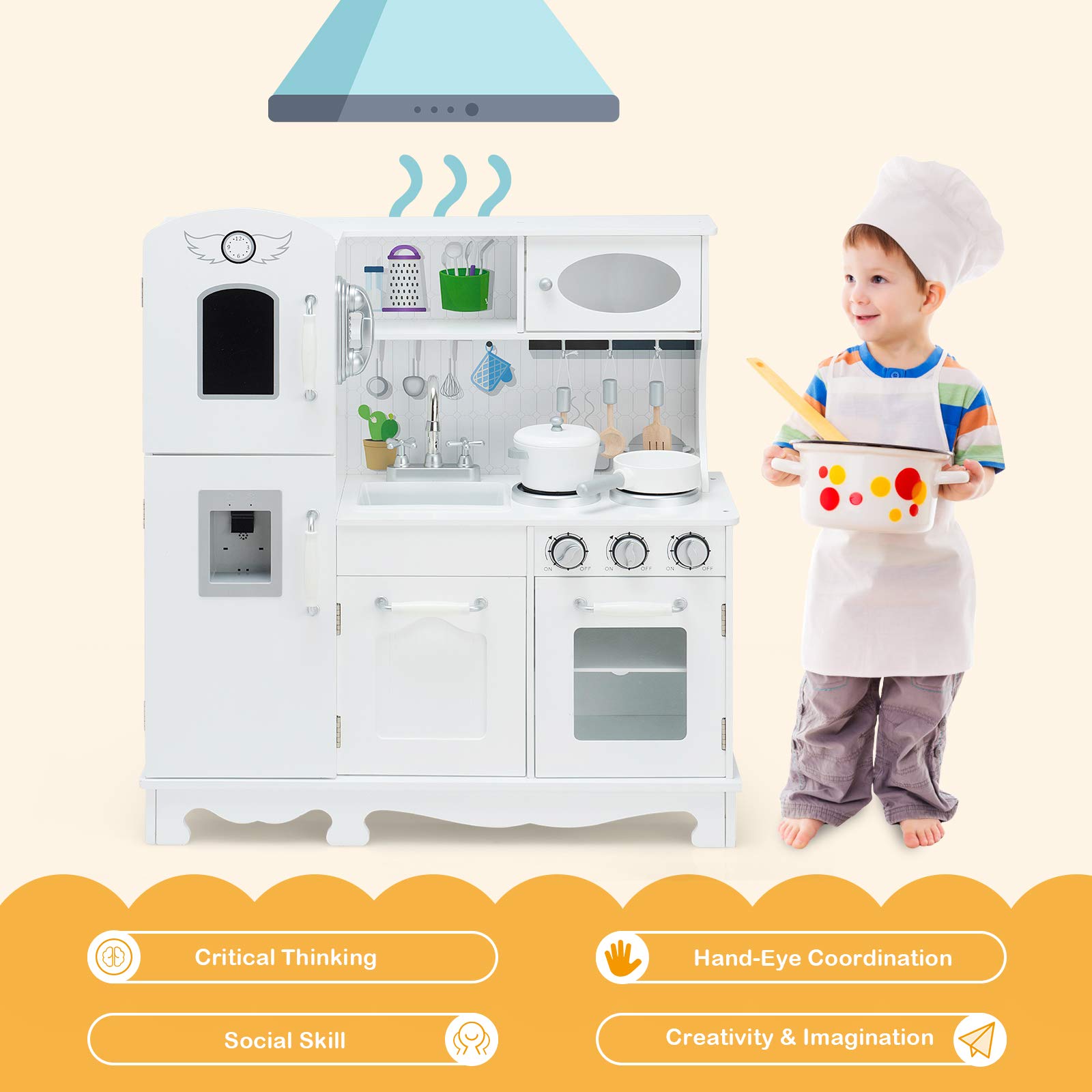 ARLIME Kids Wooden Kitchen Playset with Simulated Sound, Sink, Stovetop, Microwave & Refrigerator - Pretend Play Kitchen Toy for Toddlers, Boys & Girls - Perfect Gift for Home, Preschool & Daycare