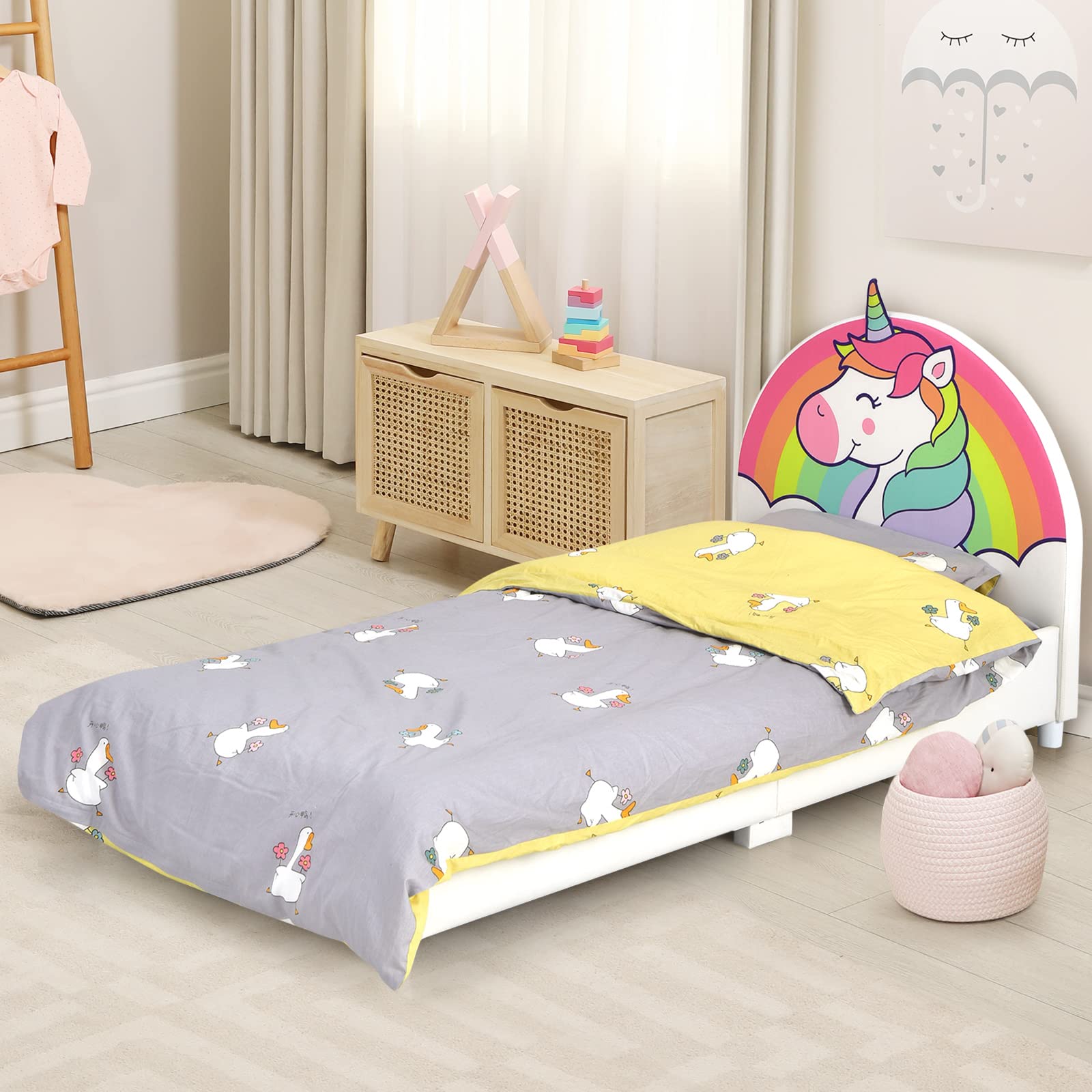 HONEY JOY Twin Bed Frame for Kids - Sturdy Wooden Platform Bed with Headboard & Slat Support, No Box Spring Needed - Perfect for Boys & Girls Bedroom - Fits Standard Twin Mattress - Unicorn Themed Kids Furniture for Playrooms & Sleepovers