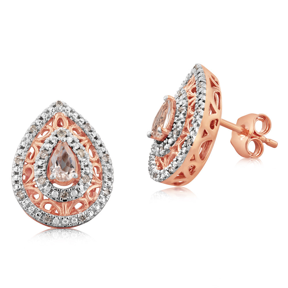 9ct Rose Gold Diamond and Morganite Stud Earrings – Elegant Dainty Jewelry for Women, Perfect for Weddings, Anniversaries & Special Occasions