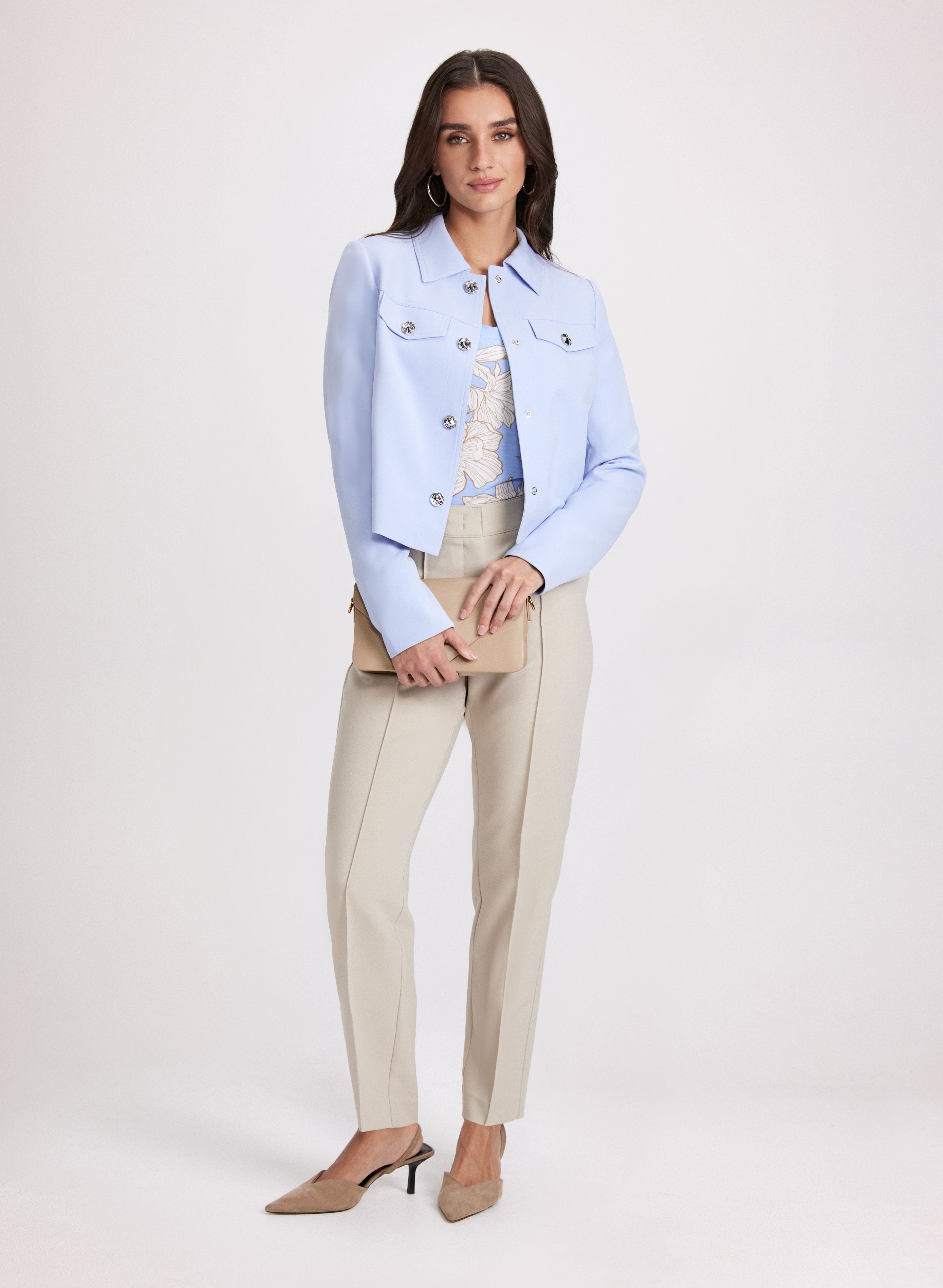 Cropped Embossed Button Jacket & Emma Seamed Slim Leg Pants Set - Women's Fashion Outfit for Office, Date Night & Fall Season