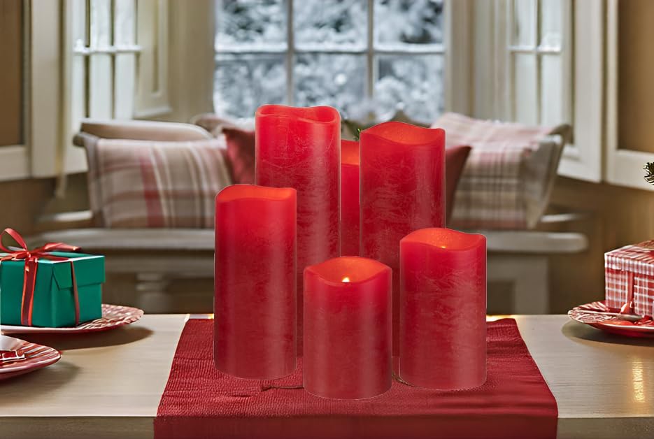 Burgundy Flameless LED Candles with Remote & Timer - Set of 5 Real Wax Battery Operated Candles (3