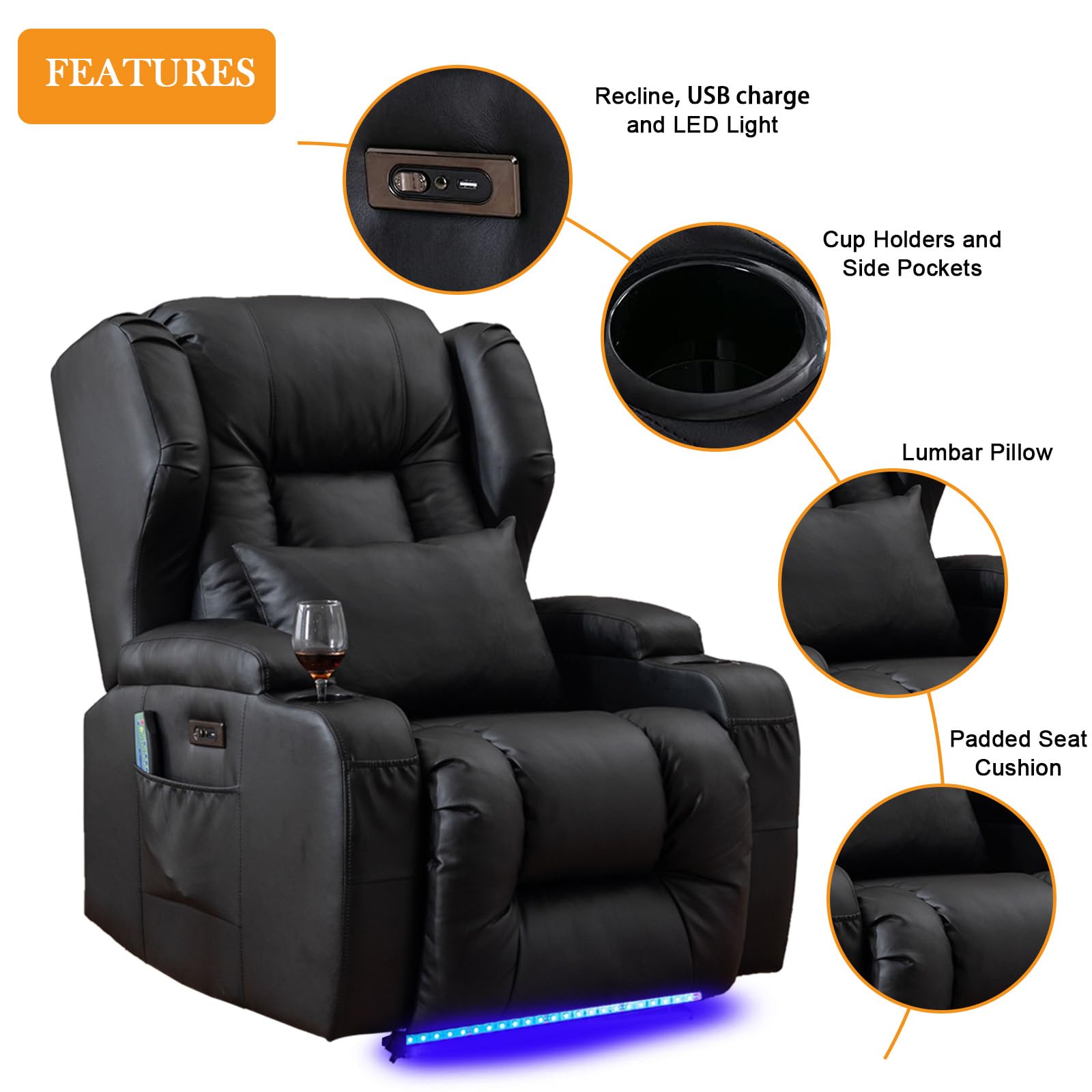 Premium Power Recliner Chair with Heat & Massage - Electric Overstuffed Home Theater Seating, Gaming & Sleeper Recliner with LED Lights, Lumbar Support, USB Ports & Cup Holders - Perfect for Movie Nights, Gaming Sessions & Relaxation at Home