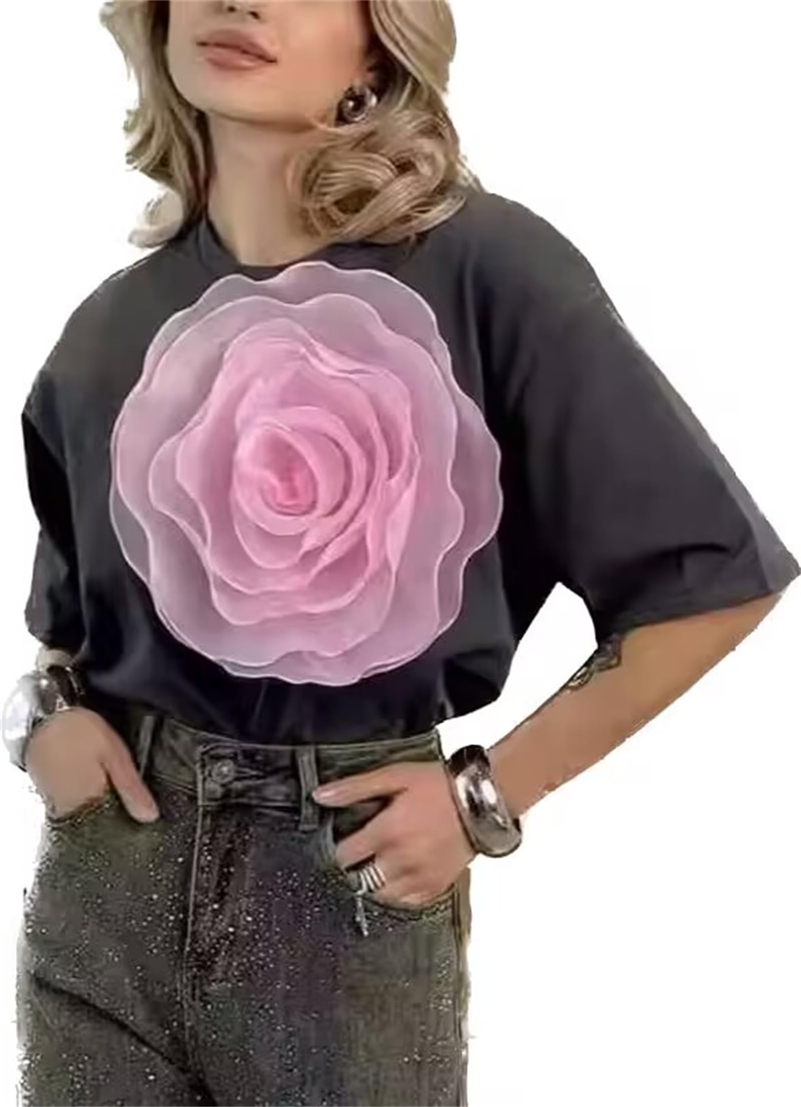 KM2-FLOWER Women's Short Sleeve T-Shirt with 3D Floral Print - Elegant Blouse for Casual Wear, Party & Date Night Outfits