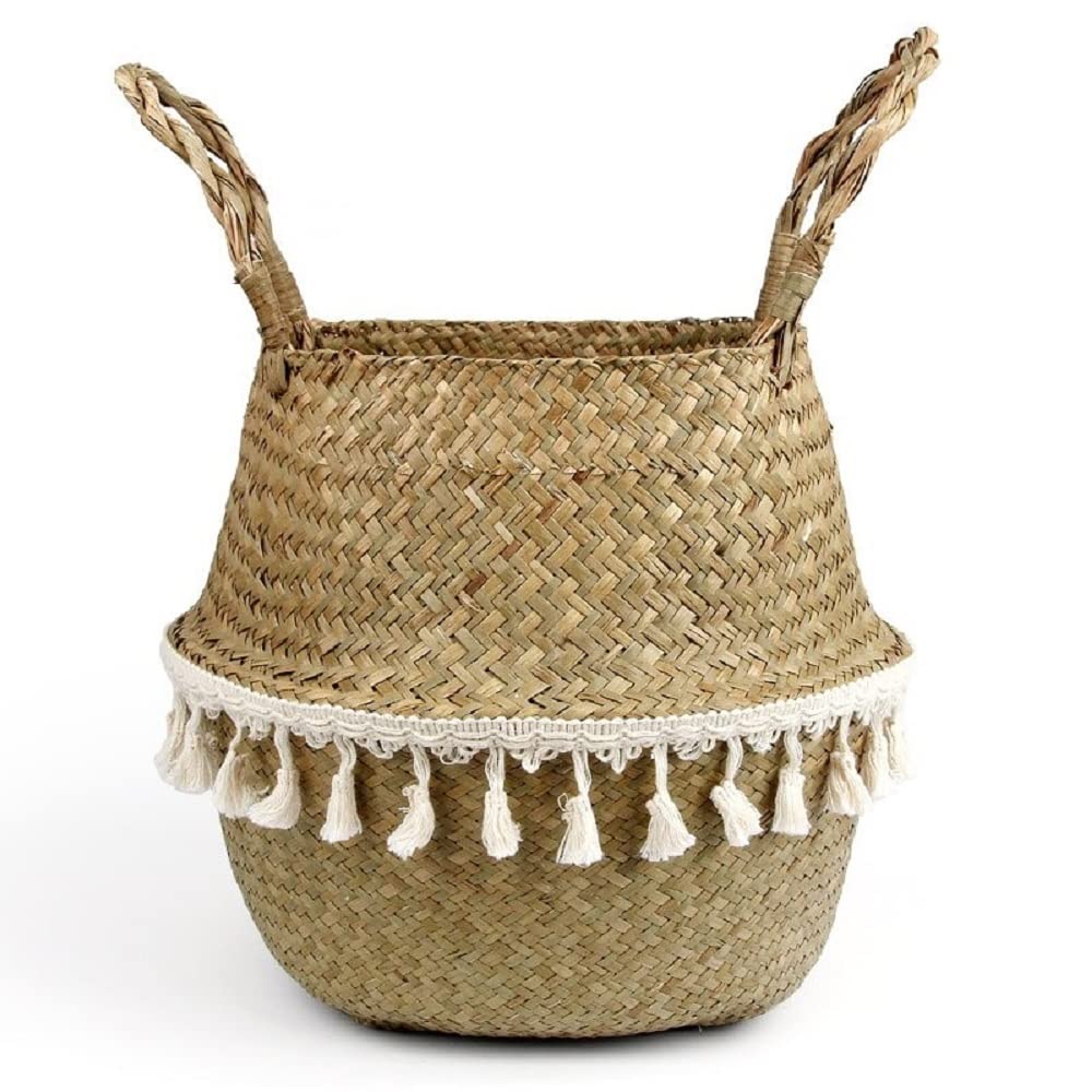 Modern Woven Seagrass Basket - 8 Inch Foldable Rattan Planter for Indoor Plants | Hanging Flower Pot Cover | Home Decor & Boho Style Plant Holder | Perfect for Living Room, Bedroom, or Office Decor