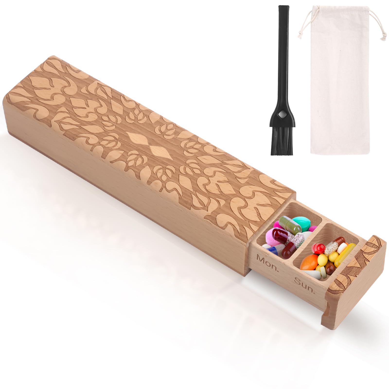 7-Day Wooden Weekly Pill Organizer - Daily Pill Box for Medication Tracking, Travel-Friendly & Safe, Compact Design for Easy Portability (Light) | Perfect for Home, Office, and Travel Use