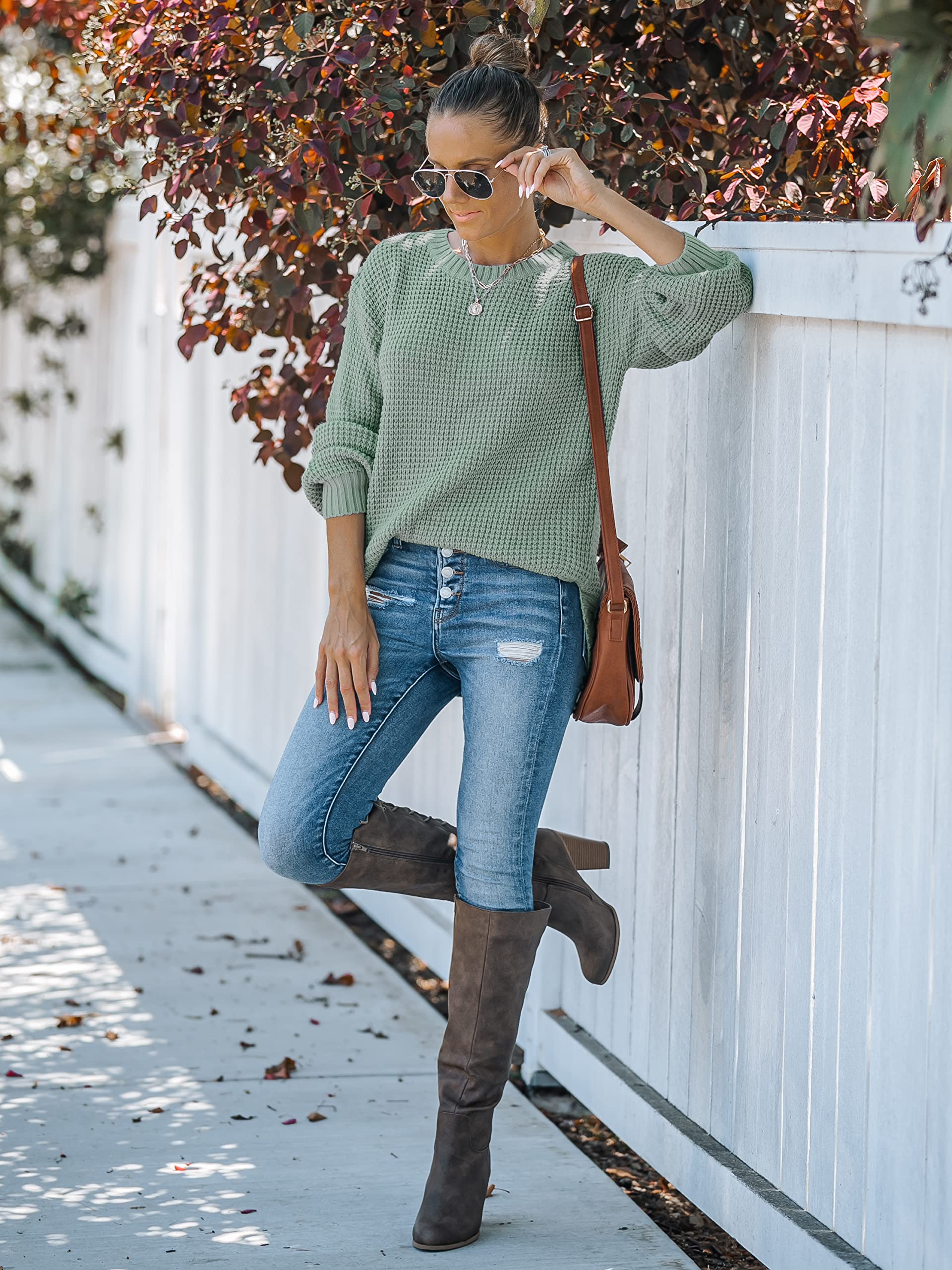 MEROKEETY Women's 2024 Fall Waffle Knit Sweater - Long Balloon Sleeve Loose Pullover Jumper | Cozy Casual Knitwear for Autumn Outfits, Office Wear & Weekend Relaxation