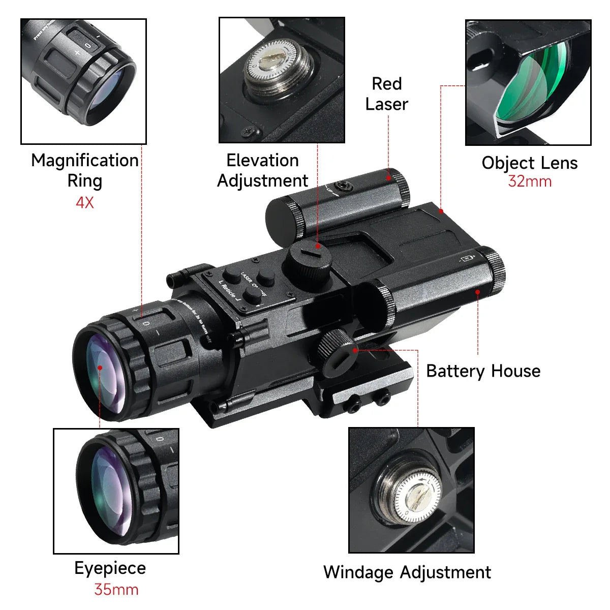 4x32 Rifle Scope with Red Laser & Prism Optic - Tactical Hunting Combo, Glass Etched Reticle, Reflex Collimator for 20mm Rail - Perfect for Hunting, Target Shooting & Outdoor Adventures
