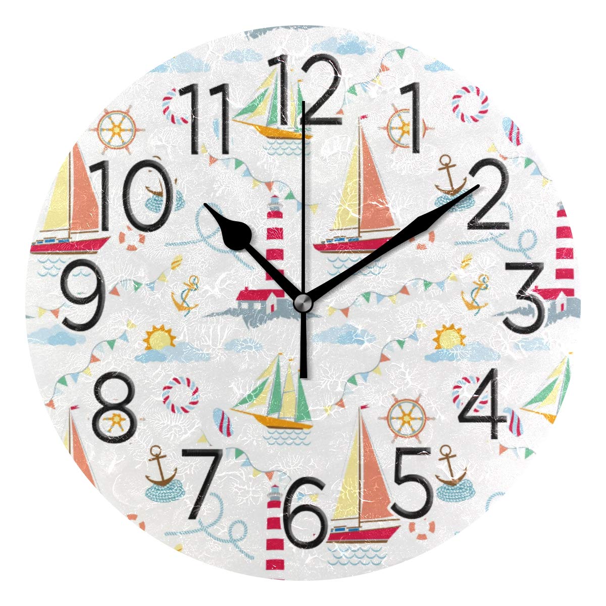 Silent Round Wall Clock - 9.85 Inch Battery Operated Non-Ticking Ocean Sailboat Lighthouse Ship Theme Clock for Home, Office, Bedroom & Living Room Decor