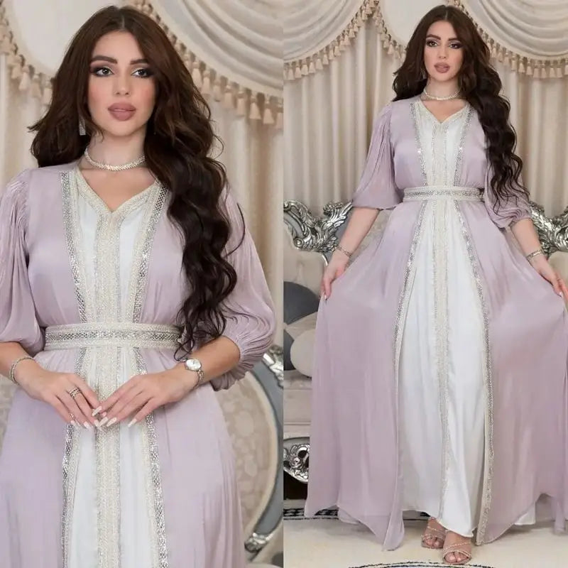Elegant 2-Piece Eid Dress Set - Hotfix Rhinestone Satin Open Abaya Kaftan with Matching Sleeveless Inner Dress | Perfect for Eid Celebrations, Weddings & Special Occasions