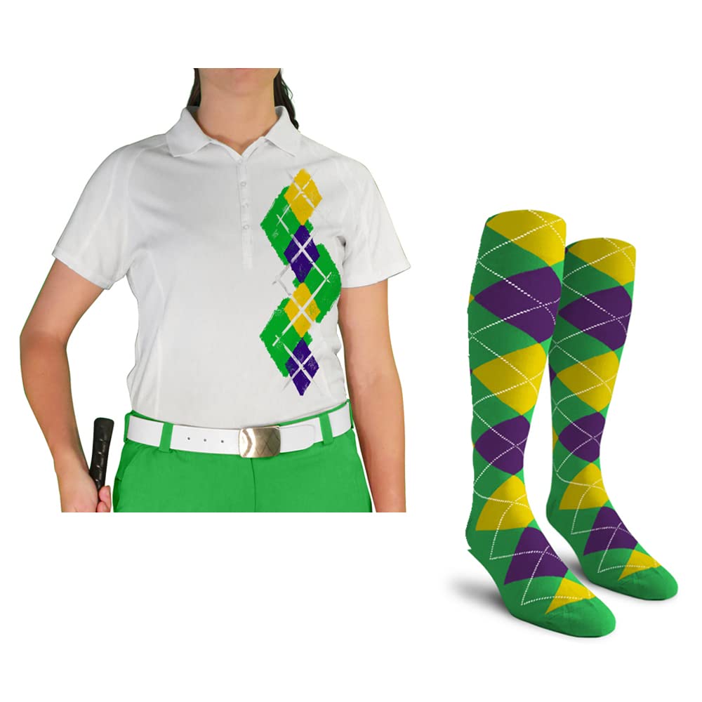 Dry Fit Short Sleeve Graphic Golf Polo Shirt for Women with Matching Socks - Argyle Paradise Design (Sizes 5A-5Z) | Perfect for Golf Outings, Casual Wear & Summer Activities