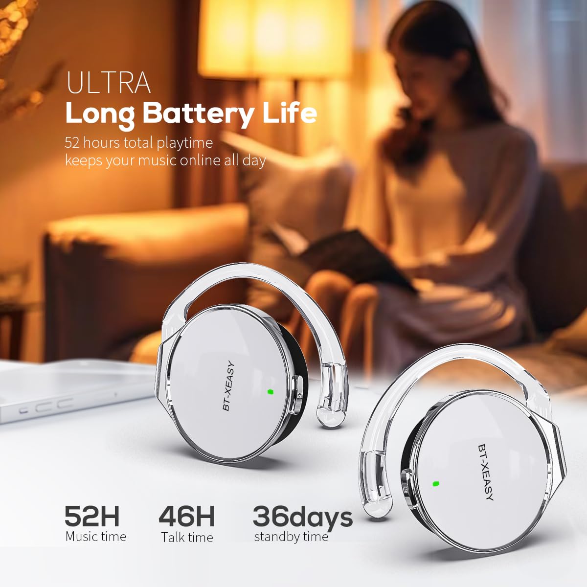 Open Ear Wireless Bluetooth 5.4 Headphones - 52H Playtime, Over-Ear Hooks, Built-in Mic, Dual Device Connection - Perfect for Running, Cycling & Office Work