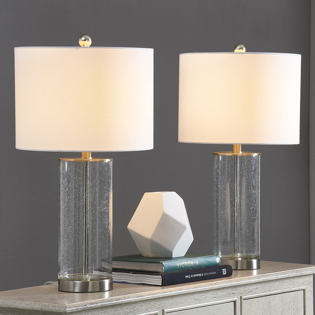 Maxax 24-Inch Table Lamps Set of 2 - Clear Seeded Glass Nightstand Lamps with White Fabric Shade, Nickel Finish for Living Room, Bedroom, Office - Perfect for Reading, Relaxing & Home Decor