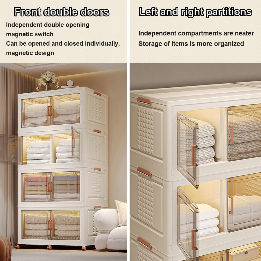 Clear Plastic Storage Boxes with Lids & Wheels - Large Stackable Foldable Organizer with Magnetic Door for Clothes, Toys, Snacks & Home Organization - Perfect for Closet, Garage, Office & Dorm Storage Solutions