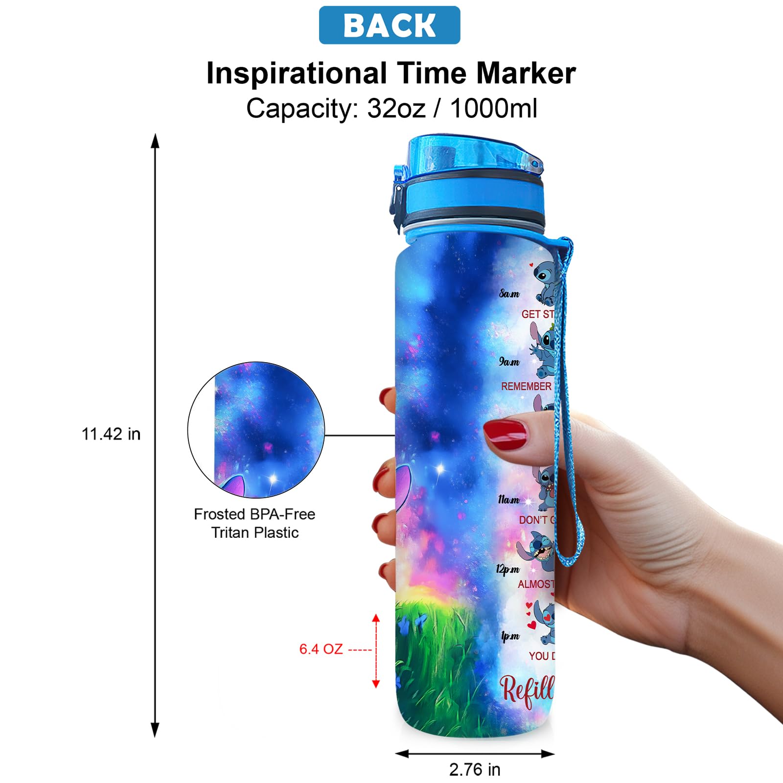 Blue Alien 32 Oz Insulated Water Bottle with Time Marker - Motivational Gift for Cartoon Lovers - Leakproof Stainless Steel Sports Bottle for Gym, Hiking & Outdoor Activities